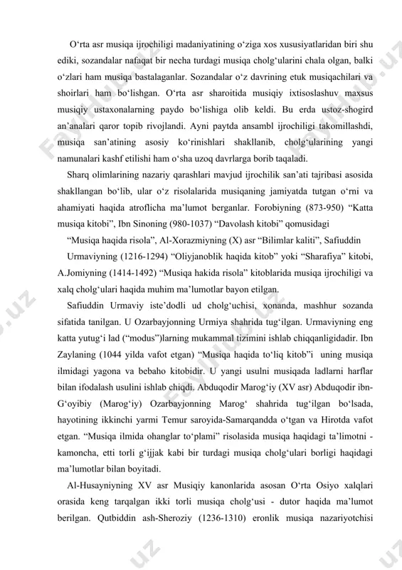biy (marog‘iy) ozarbayjonning marog‘ shahrida tug‘ilgan bo‘lsada, hayotining ikkinchi yarmi temur saroyida-samarqandda o‘tgan va hirotda vafot etgan. “musiqa ilmida ohanglar to‘plami” risolasida musiqa haqidagi ta’limotni - kamoncha, etti torli g‘ijjak kabi bir turdagi musiqa cholg‘ulari borligi haqidagi ma’lumotlar bilan boyitadi. al-husayniyning xv asr musiqiy kanonlarida asosan o‘rta osiyo xalqlari orasida keng tarqalgan ikki torli musiqa cholg‘usi - dutor haqida ma’lumot berilgan. qutbiddin ash-sheroziy (1236-1310) eronlik musiqa nazariyotchisi sifatida tanilgan bo‘lib, o‘z risolasida kamonchali tanbur haqida ibratli mulohazalar bildirgan hamda inson ovozini musiqa cholg‘ulari ichida eng yoqimlisi deb hisoblangan. xvii asrda yashagan buxorolik musiqashunos darvish ali o‘z risolasidagi tanbur, chang, qonun, borbat, chag‘ona, ud, rud, rubob, qobuz, g‘ijjak, shemane, ruxavza, kungura kabi musiqa cholg‘ulari haqida batafsil ma’lumot bergan. buyuk sharq mutafakkirlarining merosi xalq cholg‘ularini o‘rganish sohasida ham tarixiy qimmatga ega. abu nasr muhammad forobiyning mashhur asari “katta musiqa kitobi” (“kitob al-musiqa al-kabir”) ulkan ahamiyatga ega. o‘rta asr olimi bu kitobda ikki …