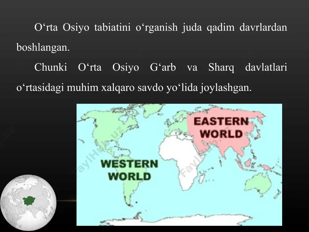 umotlar yozib qoldirgan. uning dunyo xaritasida o‘rta osiyodagi ko‘p joylar va ularning nomlari berilgan. mahmud koshg‘ariy (xi asr) ham o‘rta osiyoni, uning tabiatini o‘rgangan bo‘lib, o‘zining mashhur «devon-u lug‘otit turk» asarida ko‘p joy nomlari va geografik atamalar haqida yozib qoldirgan. zahiriddin muhammad bobur (xv—xvi asrlar) «boburnoma» asarida o‘rta osiyo tabiati, ayniqsa, farg‘ona vodiysidagi joylar haqida muhim ma’lumotlar keltirgan. ikkinchi bosqich — bu davr o‘rta osiyoning rossiya imperiyasi tomonidan bosib olinishi arafasidan to oktabr to‘ntarishigacha bo‘lgan davrni o‘z ichiga oladi. o‘rta osiyo bu bosqichda har tomonlama turli maqsadlarda, shu jumladan, harbiy maqsadda o‘rganildi. o‘rta osiyo rossiya imperiyasi tomonidan bosib olinguniga qadar uning tabiati i. xoxlov (1620), b. pazuxin (1669—1673), benevini (1718—1725), f. yefremov, g. s. karelin va boshqalar tomonidan o‘rganildi. ular, asosan, xorazm, qoraqum, qizilqum, markaziy qozog‘iston, orol dengizi tabiatini o‘rgandilar. o‘rta osiyo rossiyaning mustamlakasiga aylantirilgandan keyin tabiiy boyliklaridan ko‘proq, to‘liqroq foydalanish maqsadida uning tabiatini o‘rganish yana ham kengaydi. bu davrda …