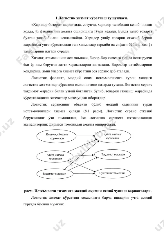 ар; · етказиш ишончлилигини таъминлаш; · юклар ўтиши тўғрисида ахборот тақдим этиш. сотувдан кейинги хизматлар – бу кафолат хизмати, харидорлар эътирозларини кўриб чиқиш бўйича мажбуриятлар, алмашиниш ва бошқалардир. 2.хизмат кўрсатиш тизимини шакллантириш истеъмолчи етказиб берувчи танлаганда унинг логистик сервис соҳасидаги им-кониятларини ҳам эътиборга олади, яъни бошқача қилиб айтганда етказиб берувчи-нинг рақобатдошлигига у таклиф этаётган хизматларнинг ассортименти ва сифати ҳам таъсир кўрсатади. иккинчи бир томонидан, хизматлар сафини кенгайтириш қў-шимча харажатларга олиб келади. логистик сервис тизимини шакллантиришга имкон берувчи харакатлар кетма-кетлигини кўриб чиқамиз (8.2.-расм). расм. фирмада логистик сервис тизимини шакллантириш бўйича харакатлар кетма-кетлиги. логистик хизматлар рақобатдошликка ўз таъсирини ўтказар экан, ҳар бир хўжа-лик, фирма ёки корхона истеъмолчиларга логистик хизмат кўрсатиш соҳасида аниқ белгиланган стратегияга эга бўлиши зарур. истеъмолчи бозорининг сегментацияси, жўғрофик омил бўйича, сервис жиҳат-лари бўйича ёки бошқа бир омил бўйича амалга оширилиши мумкин. харидорлар учун аҳамиятли хизматларни танлашни, уларнинг туркумланишини, хизматлар стан-дартини аниқлашни, турли хил сўровларни ўтказиш йўли билан амалга ошириш …