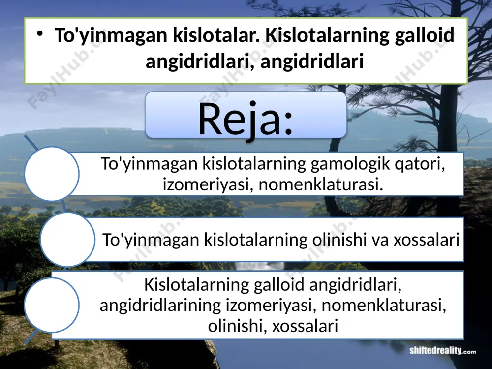 ri. galoidkislotalarning ahamiyati. to`yinmagan ikki asosli kislotalarning tuzilishi. fumar va malein kislotalar tarkibida ham galoid atomi (ftor, xlor, brom, yod), ham karboksil guruhi bo`lgan birikmalar galoidkislotalar deb ataladi. m-n: aim.uz galoid atomlarining karboksil guruhiga nisbatan joylashishiga qarab, ular  -,  -, va  -galoidkislotalarga bo`linadi. m-n: aim.uz galoidkislotalar, asosan, karbon kislotalarni bevosita galoidlash bilan olinadi. ular gidroksi- hamda to`yinmagan kislotalardan ham olinishi mumkin. karbon kislotalarda  -vodorod atomlari karbonil guruh ta'sirida harakatchan bo`lib qoladi. shuning uchun karbon kislotalarni xlorlash va bromlash reaksiyalari yoruqlik nurida borib, galogen  -holatga boradi. bu reaksiya kam miqdordagi fosfor ishtirokida boradi. u reaksiya gel-fol'gard-zelinskiy reaksiyasi nomi bilan ma'lum: aim.uz bunda fosforning vazifasi kislotani galogenangidridga aylantirib berishdir: aim.uz galogen kislotada galogen alkilgalogenidlarga o`xshash nukleofil almashinish va ajralish reaksiyalariga oson kirishadi. shuning uchun galogenkarbon kislotalarning turli hosilalarini olishda birinchi bosqich hisoblanadi. aim.uz galoidkislotalar molekulasi tarkibidagi galoid atomining turli almashinish yoki tortib olish reaksiyalaridan tashqari barcha karbon …