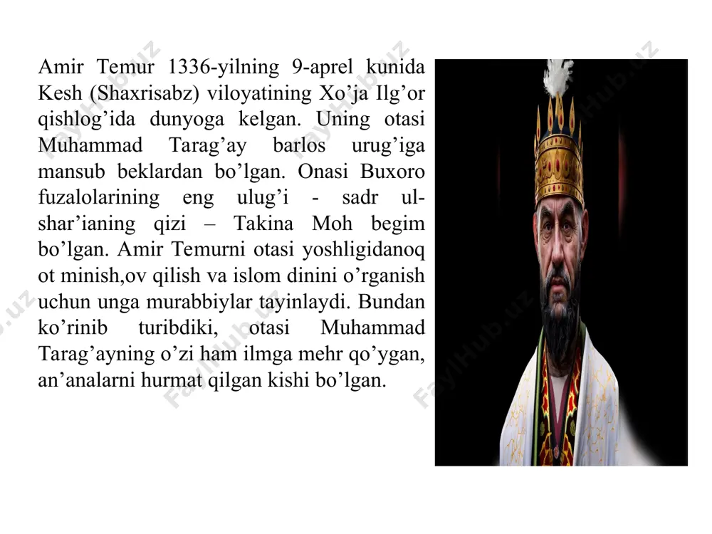 igini vujudga keltiradi. amir temur xalqiga nisbatan mehribon va oqko’ngil bo’lgan. shu sababli xalqi uni doimo qo’llab quvvatlagan. mamlakat bozorida dehqon-u hunarmandlar kechqurun ketishi oldida qoplarini ustiga bog’ichi, dasro’moli va belbog’ini tashlab, ertalasiga kelib yana savdo-sotig’ini bemalol davom ettirgan va ularning mahsulotidan bir misqol ham kamaymagan. muiniddin natanziy “adolat o’rnatish va qonunlarni saltanat hayotiga tatbiq etishda amir temur shunday g’ayrat ko’rsatdiki, uning salobatidan fil pashshaga tavoze qilardi. bani bashar o’rtasida birdamlik va tinchlik rasmini mustahkam barqaror qildi va yurtda adovat-u xusumat butunlay oradan ko’tarildi. zo’ravon-zulmkorlarning panja va tirnoqlarini qisqa qildi. shuningdek, adolatning kamoloti jihatidan sohibqiron barcha zamonlardagi hukmdorlardan ustun edi”. nizomiddin shomiy amir temurning buyrug’i bilan “zafarnoma” asarini yozadi. ammo, asarda maqtovlar ko’p bo’lganligi sababli bu sohibqironga yoqmaydi. yana bir qatorda u so’zlagan nutqiga boqing: “menga tahsin aytish va mening mijozimga muvofiq gapirishingiz menga xush kelmaydi, vazifa shuki, sizlar har toifa har bir tomondan kelgansizlar, u tomonning yaxshi ham yomon …