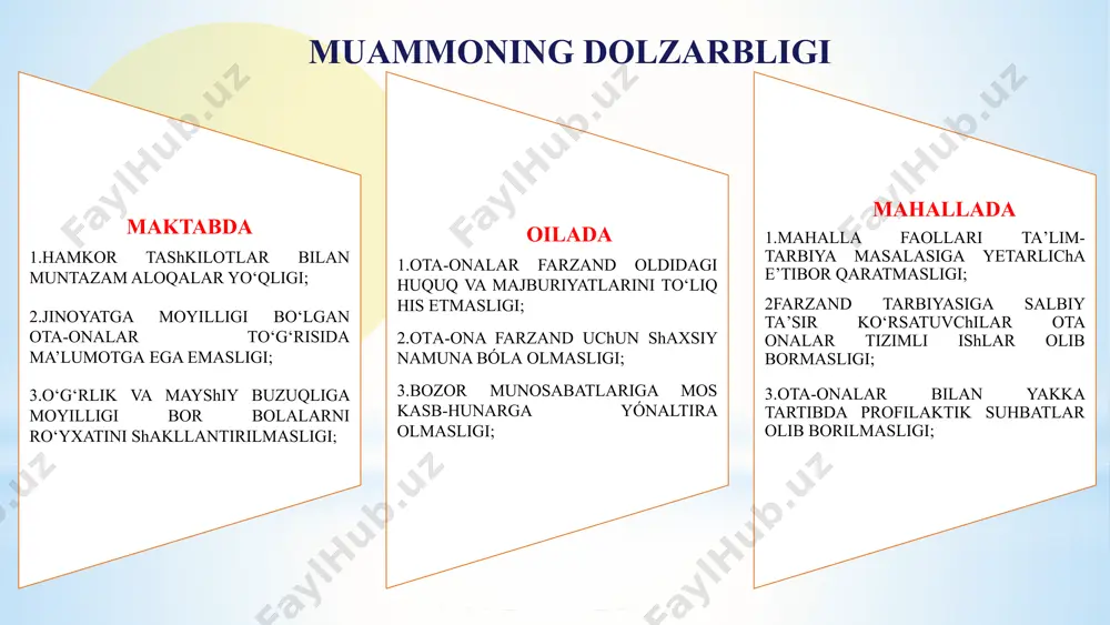 maktabga, o‘qituvchlarga ishonchsizligi va salbiy fikrda bo‘lishlari yaponiyada ota-onalar farzandlarining ta’lim-tarbiyasida, darslarning o‘zlashtirilishida javobgarlikni o‘z zimmasiga oladilar ijtimoiy tarmoqlar orqali maktabda olib borilayotgan ta’lim-tarbiya, ma’naviy-marifiy ishlar to‘g‘risida targ‘ibotni yo‘lga qo‘yish zarur 8 “agar maktabning ichiga butun xalq, butun jamoat bilan kirmasak, natija bo‘lmaydi”. sh.m.mirziyoyev xulosa: oila-mahalla-maktab hamkorligi borasida amalga oshiriladigan ishlar yuzasidan chora-tadbir rejasi t/r muammo amalga oshirish mexanizmi mas’ullar muddati natija 1. ota-onalarning farzandlar tarbiyasidagi o‘rni, majburiyati, mas’uliyati va farzandlar bilan o‘zaro munosabatlarini mustahkamlash. 1.chora-tadbir rejasini ishlab chiqish 2.amalga oshiriladigan ishlar yuzasidan monitoring olib borish direktor, mmibdo‘ 2024-yil may- sentyabr oila maktab hamkorligi samarali yo‘lga qo‘yilishi 2 o‘quvchi yoshlarning zararli odatlar va huquqbuzarlikka qarshi manzilli profilaktik tadbirlarni olib borish. 1.chora-tadbir rejasini ishlab chiqish. 2.reja asosida olib borilgan ishlarni har oyda tahlil qilish. direktor, mmibdo‘ va iib inspektori 2024-yili sentyabr har oyda o‘quvchilarning zararli odatlarga immuniteti shakllantiriladi va profilaktik ishlar amalga oshiriladi. 3 yuqari sinf o‘quvchilari va ota-onalar ishtirokida “kasbim …