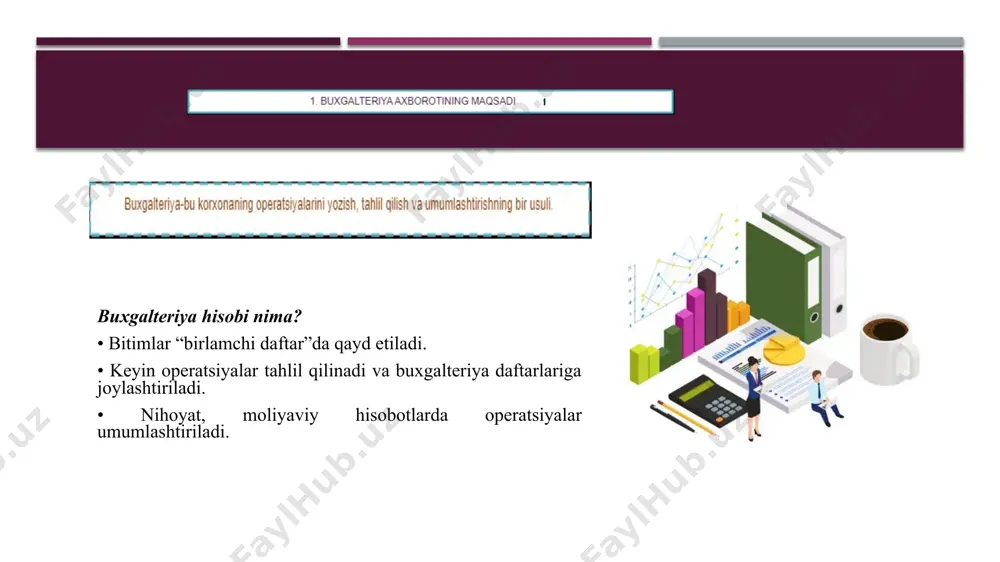 nаzоrаt 16 4 4 8 2-semestr bo‘yicha jami: 120 30 30 60 moliyaviy hisobot va buxgalteriya hisobi ma'lumotlaridan foydalanuvchilar yirik ommaviy kompaniya haqidagi moliyaviy ma'lumotlarga qiziqishi mumkin bo'lgan odamlarni quyidagicha tasniflash mumkin. (a) kompaniya menejerlari. bular kompaniyaning kundalik faoliyatini nazorat qilish uchun kompaniya egalari tomonidan tayinlangan odamlardir. ularga kompaniyaning moliyaviy holati to'g'risidagi ma'lumotlar kerak, chunki u hozirgi va kelajakda kutilgan. bu ularga biznesni samarali boshqarish va samarali nazorat va rejalashtirish qarorlarini qabul qilish imkonini beradi. b) jamiyat aktsiyadorlari, ya'ni jamiyat egalari. ular menejmentning boshqaruv funktsiyasini qanchalik samarali bajarayotganini baholashni xohlashadi. ular qanday qilib bilishni xohlashadi moliyaviy hisobot va buxgalteriya hisobi ma'lumotlaridan foydalanuvchilar (c) savdo aloqalari, shu jumladan kompaniyaning tovarlari va mijozlarini qarzga beradigan etkazib beruvchilar. kompaniya tomonidan taqdim etilgan tovarlar yoki xizmatlarni sotib olganlar. yetkazib beruvchilar kompaniyaning o'z qarzlarini to'lash qobiliyati haqida bilishni xohlashadi; mijozlar shuni bilishlari kerakki, kompaniya ishonchli ta'minot manbai bo'lib, yopilish xavfi yo'q. (d) kompaniya uchun moliyaviy …