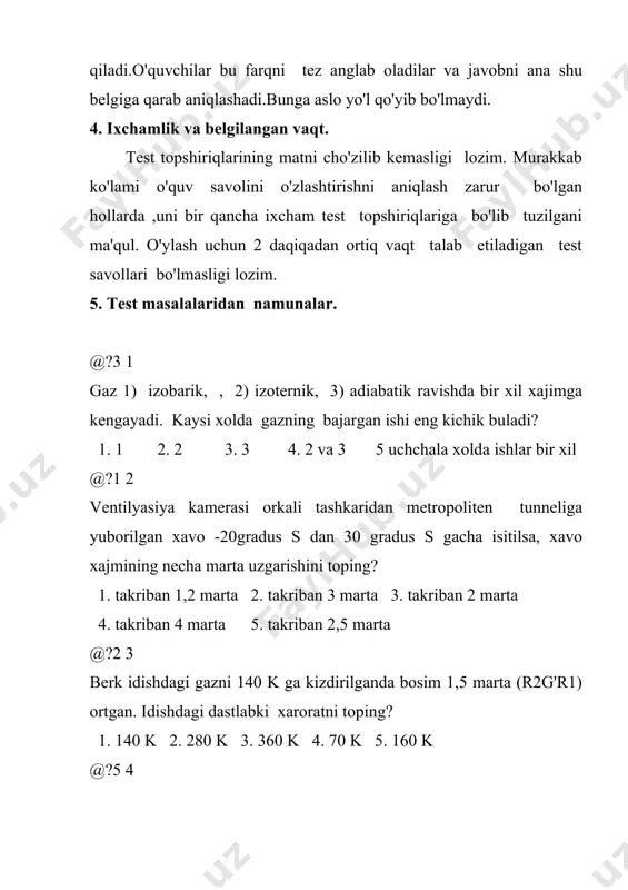 mm 3. 15 mm 4. 20 mm 5. 25 mm @?4 8 moyda joylashgan ikkita bir xil zaryad bir-biridan 6 sm masofada 0,4 m n kuch bilan uzaro ta'sirlashmokda. xar kaysi zaryadning katt aligini toping? (moyning nisbiy dielektrik singd. 2,5) -9 1. 10 * 10 n -9 2. 15 * 10 n -9 3. 17 * 10 n -9 4. 20 * 10 n 5. 0,30 n @?4 9 1 mkkl zaryadni cheksizlikdan berilgan elektr maydonga kuchirishda -5 7,5* 10 j ish bajarilgan. zaryad keltirilgan nuktaning cheksizlikka nisbatan potensialini toping? 1. 25 v 2. 40 v 3. 55 v 4. 75 v 5. 80 v @?3 10 yer sharini yakkalangan utkazgich deb xisoblab, uning elektr sigimini toping? (rq6400 km) 1. 500 pf 2. 620 pf 3. 710 pf 4. 760 pf 5. 800 pf @?1 11 kanday sharoitlarda absolyut namlik ortganda nisbiy namlik kamayadi? 1. xarorat ortganda 2. xarorat pasayganda …