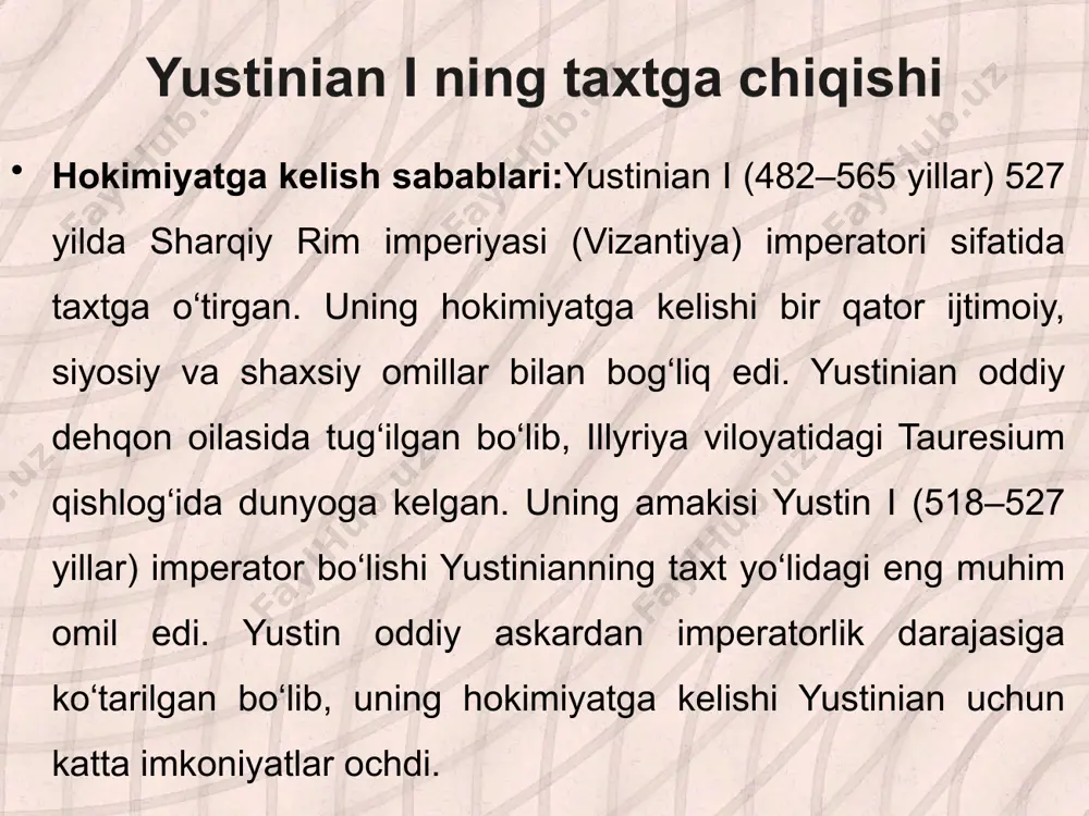 dir. soliq tizimi va iqtisodiy siyosat davlatning moliyaviy barqarorligini ta’minlasa, me’moriy faoliyat uning madaniy va iqtisodiy qudratini namoyish etadi. o‘zbekiston tarixida soliq tizimi turli davrlarda iqtisodiy ehtiyojlar va davlat boshqaruvi xususiyatlariga mos ravishda rivojlanib, zamonaviy islohotlar orqali bozor iqtisodiyotiga moslashtirildi. ayasofiya masjidi va o‘zbekistonning me’moriy yodgorliklari kabi inshootlar esa nafaqat estetik, balki iqtisodiy va siyosiy ahamiyatga ega bo‘lib, davlatning global miqyosdagi o‘rnini mustahkamladi foydalanilgan adabiyotlar: aʼzamxoʻjayev a. – qadimgi dunyo tarixi. toshkent: o‘qituvchi, 2005. karimov r., akramov a. – yevropa va amerika xalqlari tarixi (qadimgi davrdan xvi asrgacha). toshkent: o‘zbekiston, 2006. sultonova d. – vizantiya imperiyasi tarixi. toshkent: fan, 2012. matjonova g. – dunyo tarixidan saboqlar. toshkent: sharq, 2017. mavlonova r. – yustinian davridagi qonunchilik va huquqiy islohotlar. toshkent: tdyu nashriyoti, 2020. abdurahmonov q. – o‘rta asrlar tarixi: vizantiya davlati. samarqand: samdu, 2019. image10.png image11.png image12.png image1.jpeg image2.jpeg image3.jpeg image4.jpeg image5.jpeg image6.jpeg image7.jpeg image8.jpeg image9.jpeg /docprops/thumbnail.jpeg