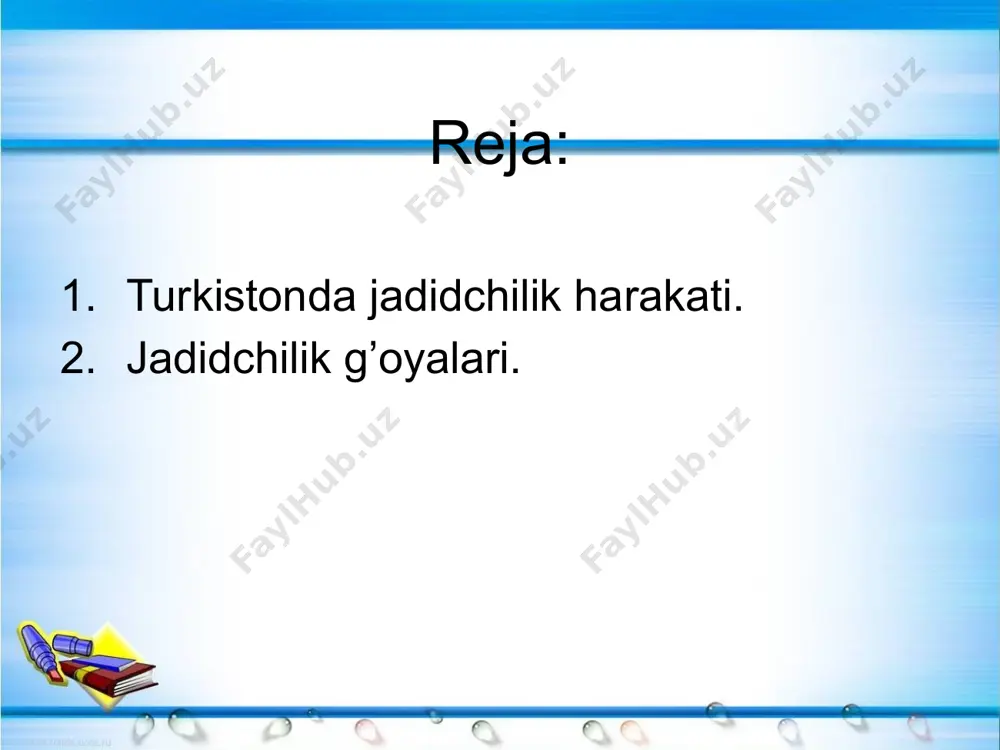 deguvchilarning mafkurasini deyarli hech kim tushunmas, biladiganlar esa juda ozchilikni tashkil qilar edi. shuning uchun jadidchilikning yangi g’oyalar bilan paydo bo’lib, ruhoniylarga, hukmron sinflarga qarshi turishi, madaniyatni yaratishi, bir so’z bilan aytganda, yangilik edi, «jadid» jumlasining ma’nosi ham «yangi» demakdir». agar lo’nda qilib aytsak, jadidlarning harakat dasturi quyidagi masalalarni hal qilishga qaratilgan: diniy taassuf va fanatizmga qarshi kurash. diniy aqidalarga asoslangan o’rta asr maktablari o’rniga ovro’po qabiladagi dunyoviy ilmlarni ona tilida o’qitishga moslangan yangi usuldagi maktablarni tashkil etish, feodal davri maorif tizimini isloh qilish. jadidchilik g’oyalarini keng xalq ommasiga yetkazish niyatida yangi o’zbek adabiy tilini ishlab chiqish, matbuot hurligi uchun kurash, xalq ommasiga tushunarli adabiyot va teatrni yaratish. xotin-qizlarni paranjidan chiqarish va jadid maktablariga qatnashlarini ta’minlash yo’li bilan ular taqdirini o’zgartirish va oilada islohot o’tkazish. mahalliy boylar va savdogar ahlining siyosiy va iqtisodiy jihatdan rus burjuaziyasi bilan bir huquqda bo’lishi, mahalliy amaldorlarning chor hukmdorlari tomonidan siquvga olishiga qarshi kurash. shu …