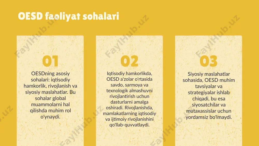 lot yangi texnologiyalarni qo'llab-quvvatlaydi, ilm-fan va tadqiqotlarni moliyalashtiradi, yoshlar va startaplarni rivojlantirishga yordam beradi. innovatsion iqtisodiyotning rivojlanishiga hissa qo'shadi, masalan, energiya tejovchi texnologiyalar va raqamli iqtisodiyot loyihalarini qo'llab-quvvatlaydi. bu bilan oesd iqtisodiy o'sishni va barqaror rivojlanishni ta'minlaydi. photo by jaredd craig on unsplash oesd va barqaror rivojlanish oesdning barqaror rivojlanish maqsadlari va strategiyalari iqtisodiy o'sish, ijtimoiy adolat va ekologik muvozanatni ta'minlashga qaratilgan. bu tashkilot ilg'or siyosatlarni ishlab chiqish va amaliyotga joriy etish orqali barqarorlikni ta'minlashda muhim rol o'ynaydi. photo by sven brandsma on unsplash oesdning kelajakdagi istiqbollari oesdning kelajakdagi istiqbollari raqamli iqtisodiyot va barqaror rivojlanishga qaratilgan strategiyalarni o'z ichiga oladi. yangi tashabbuslar davlatlar o'rtasida savdo va sarmoyani oshirish, texnologik innovatsiyalar va inson kapitalining rivojlanishiga turtki bo'ladi, bu esa iqtisodiy hamkorlikni mustahkamlashga yordam beradi. photo by illán riestra nava on unsplash oesd a'zolari va ularning imkoniyatlari oesd a'zolari keng va xilma-xil mamlakatlardan iborat bo'lib, ularning iqtisodiy va siyosiy imkoniyatlari turlicha. bu …