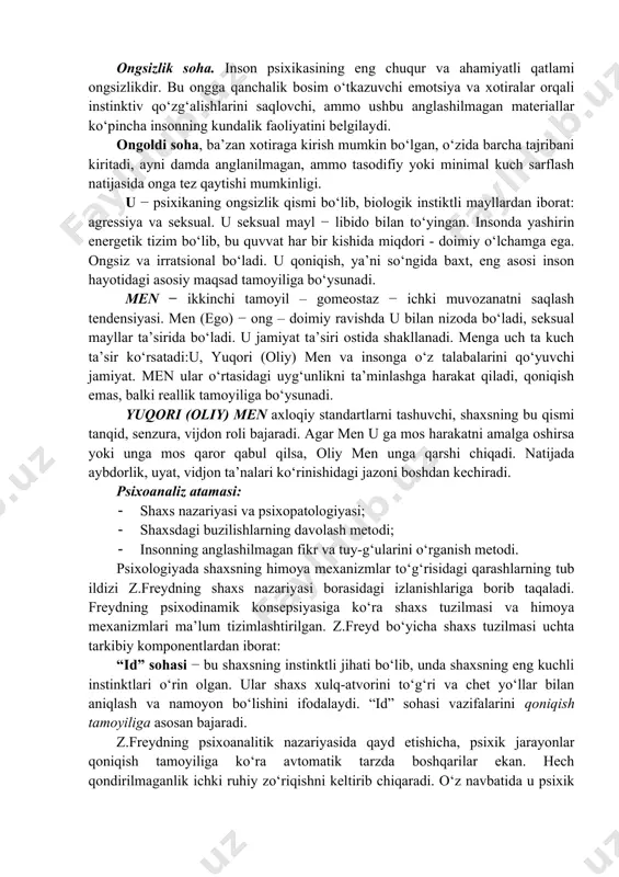 haxs nazariyasini psixoanaliz davolash metodi bilan bog‘ladi. freyd topografik modeldan foydalanib, psixik hayotni uch darajasini ajratdi: · ong; · ongoldi; · ongsizlik. ong darajasi aniq damdagi insonning ma’lumotlarini sezgi va kechinmalaridan tashkil topadi. ong miyada saqlanuvchi ma’lum kam foizli axborotlarni qamrab oladi. so‘ngra ma’lumotlar ong oldi yoki ongsizlik sohada yuklanadi. ongsizlik soha. inson psixikasining eng chuqur va ahamiyatli qatlami ongsizlikdir. bu ongga qanchalik bosim o‘tkazuvchi emotsiya va xotiralar orqali instinktiv qo‘zg‘alishlarini saqlovchi, ammo ushbu anglashilmagan materiallar ko‘pincha insonning kundalik faoliyatini belgilaydi. ongoldi soha, ba’zan xotiraga kirish mumkin bo‘lgan, o‘zida barcha tajribani kiritadi, ayni damda anglanilmagan, ammo tasodifiy yoki minimal kuch sarflash natijasida onga tez qaytishi mumkinligi. u − psixikaning ongsizlik qismi bo‘lib, biologik instiktli mayllardan iborat: agressiya va seksual. u seksual mayl − libido bilan to‘yingan. insonda yashirin energetik tizim bo‘lib, bu quvvat har bir kishida miqdori - doimiy o‘lchamga ega. ongsiz va irratsional bo‘ladi. u qoniqish, ya’ni so‘ngida baxt, …