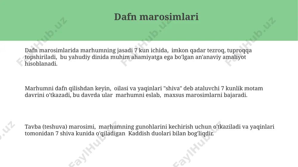 marosimlar uchun esa 10 dan ortiq erkak yahudiyning ishtiroki talab etiladi, bu esa jamoa ibodatining muhim ahamiyatini ta'kidlaydi. amida ibodati, kunlik uchta asosiy ibodatning markaziy qismidir va 18 ta duo (18 ta berok) dan iborat bo'lib, xudoga minnatdorchilik va iltimoslarni bildiradi. tavrot va uning ahamiyati tavrotda 613 ta buyruq (mitzvot) mavjud, ular axloqiy, ibodat va marosim qoidalari bilan bogʻliq boʻlib, yahudiy hayotining asosiy tamoyillarini shakllantiradi. tavrot besh kitobdan (tavrotning beshta kitobi) iborat boʻlib, yahudiy dinining asosiy qonunlari va e’tiqodlarini oʻz ichiga oladi, yahudiy hayotining barcha jabhalariga ta’sir koʻrsatadi. tavrotni oʻrganish (limud) yahudiy ta’limida markaziy oʻrin tutib, har bir avlodga an’analarni saqlash va yangi talqinlarni rivojlantirish imkonini beradi. shabbat va bayramlar yom kippur, yaxudiy yilining eng muhim bayrami bo'lib, 24 soatlik ro'za tutishni va tavba qilishni o'z ichiga oladi va 10 ta tavba qilishning asosiy elementlarini o'zida mujassam etadi. pesax bayrami 7 kun davom etadi va yahudiylar misrdan ozod bo'lishini nishonlaydi, …