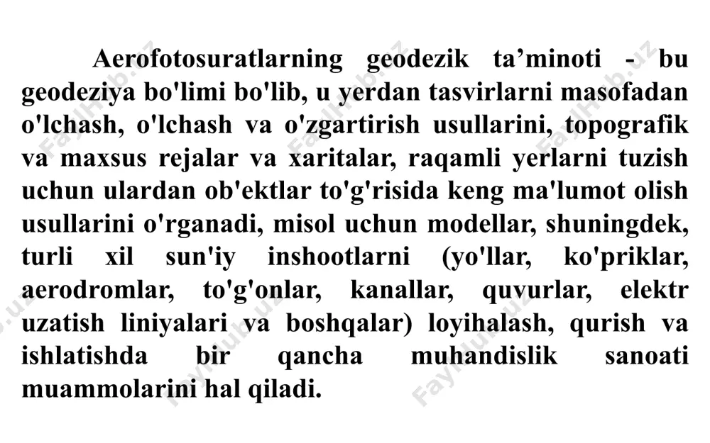 gativlarining metrik va fotometrik xarakteristikalari ko'p jihatdan aerosyomka uchun texnik shartlarning bajarilishiga va fotomateriallar va optik tizimlarning havodan suratga olishda ishlatiladigan parametrlarni tanlashga bog'liq. havo negativlarining aniqligi va sifati, o'z navbatida, ulardan tuzilgan xaritalar va rejalarning sifatini, fotogrammetrik ishlov berish vaqtini, ishni tashkil qilishni va boshqalarni aniqlaydi. to'liq aeronegativlarni olish va ulardan samarali foydalanish uchun parvozlarni tekshirish ishlarini va birinchi navbatda ularning parametrlarini butun topografik va geodezik ishlab chiqarishni tashkil etish bilan muvofiqlashtirish zarur. an'anaviy aerosyomkadan farqli o'laroq, raqamli aerosyomka turiga bog'liq bo'lgan ikkita texnologiya yordamida amalga oshiriladi raqamli kameralar: - ccd o'lchagichlari bo'lgan kameralar ishlatilgan, ikkita gps + ins tizimlari, ya'ni global joylashishni aniqlash tizimi va inertial tizim, ccd o'lchagich tasvirining kosmosdagi joylashishini istalgan vaqtda aniqlash uchun mo'ljallangan, havodagi tadqiqot ishlari. bu tasvirlash tizimi ko'pincha kosmik tadqiqotlarda ham qo'llaniladi. bort kompyuteri va dasturiy ta'minoti gps qabul qiluvchisidan ma'lumotlarni va ins - inertial tizimdan ma'lumotlarni qayta ishlashni birlashtirishga va ular …