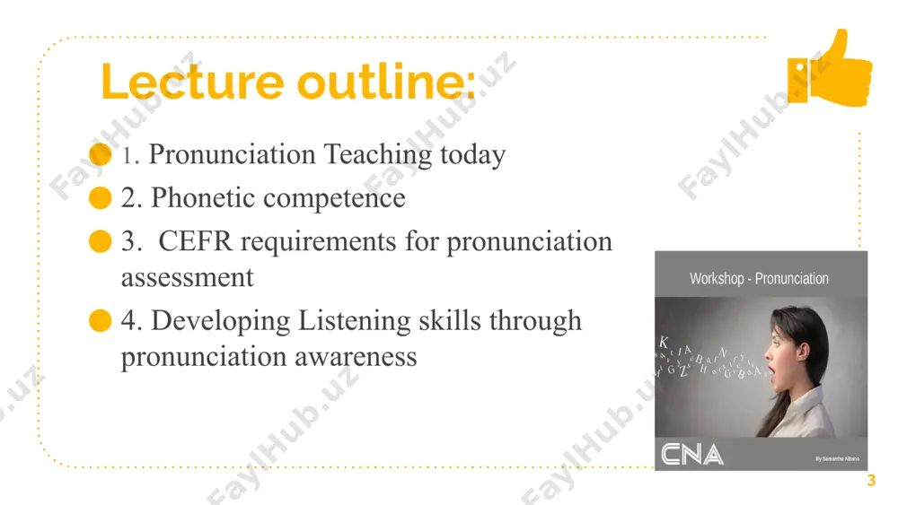f their students only through comprehensive knowledge of the english sound system and through familiarity with a variety of pedagogical techniques, many of which should be communicatively oriented. 11 phonetic competence 2 phonetic competence the target of teaching pronunciation is to develop in learners phonetic competence, which is the knowledge of the english phonetic means such as phonemes, syllable formation, word stress and intonation. phonetic competence includes the knowledge of how speech sounds (phonemes) are used in actual speech production. this includes elisions (absence of sound as in “chis/t/mas”) and assimilation (where one sound merges in the next sound as in “hambag” standing for “handbag”). this is called “modification of phonemes in connected speech”. ( the way to teaching phoneme modification is shown in underhill, a sound foundation. heinemann. 1994) 13 modifications of phonemes there are some typical modifications of phonemes in connected oral speech. if these words are spelt …