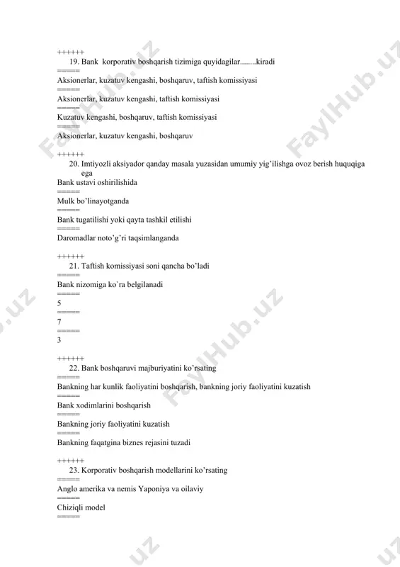 tashkiloti bo‘lib, bank faoliyati deb hisoblanadigan quyidagi faoliyat turlari majmuini amalga oshiradigan yuridik shaxsdir ===== bank ===== markaziy bank ===== lizing ===== kredit uyushmasi ++++++ 32. bank xodimlari ma’muriy jihatdan qanday guruhga ajraladi ===== boshqaruvchi va boshqariluvchi xodimla ===== bank operatsiyasini amalga oshiruvchi xodimlar ===== yuqori va quyi xodimlar ===== mijozlar bilan ishlaydigan ++++++ 33. bank xodimiga qo’yilgan asosiy talab ===== bank sirini saqlash ===== psixologik xususiyatlari ===== ish tajribasi ===== xodimni malakasi ++++++ 34. «o’zbekiston respublikasi banklar va bank faoliyati to’g’risidagi» qonuni yangi tahrirda qachon qabul qilindi? ===== 2019 yil 5 noyabr ===== 2019 yil 11 noyabr ===== 1996 yil 25 aprel ===== 1996 yil 21 aprel ++++++ 35. boshqaruv qarorlari talablarini ko’rsating ===== ilmiy asoslanganlik, huquqiy, aniq va to’g’ri yo’nalishda bo’lishlilik, vaqt bo’yicha eng qisqa, aniq, tezkor va samarali bo’lishlilik ===== kredit portfeli sifati ===== pul mablag’larini yetarliligi ===== ma’muriy, moddiy jihatdan samarali bo’lishlilik ++++++ 36. ishchining malaka …