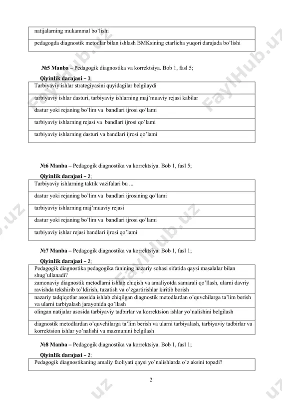tarbiyaviy ishlarning rejasi va bandlari ijrosi qo’lami tarbiyaviy ishlarning dasturi va bandlari ijrosi qo’lami №6 manba – pedagogik diagnostika va korrektsiya. bob 1, fasl 5; qiyinlik darajasi – 2; tarbiyaviy ishlarning taktik vazifalari bu ... dastur yoki rejaning bo’lim va bandlari ijrosining qo’lami tarbiyaviy ishlarning maj’muaviy rejasi dastur yoki rejaning bo’lim va bandlari ijrosi qo’lami tarbiyaviy ishlar rejasi bandlari ijrosi qo’lami №7 manba – pedagogik diagnostika va korrektsiya. bob 1, fasl 1; qiyinlik darajasi – 2; pedagogik diagnostika pedagogika fanining nazariy sohasi sifatida qaysi masalalar bilan shug’ullanadi? zamonaviy diagnostik metodlarni ishlab chiqish va amaliyotda samarali qo’llash, ularni davriy ravishda tekshirib to’ldirish, tuzatish va o’zgartirishlar kiritib borish nazariy tadqiqotlar asosida ishlab chiqilgan diagnostik metodlardan o’quvchilarga ta’lim berish va ularni tarbiyalash jarayonida qo’llash olingan natijalar asosida tarbiyaviy tadbirlar va korrektsion ishlar yo’nalishini belgilash diagnostik metodlardan o’quvchilarga ta’lim berish va ularni tarbiyalash, tarbiyaviy tadbirlar va korrektsion ishlar yo’nalishi va mazmunini belgilash №8 manba …