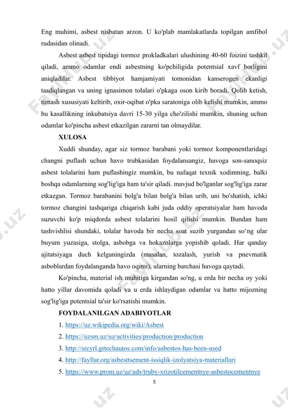 mos kelishi mumkin va 316 darajagacha bo'lgan haroratga bardosh bera oladi. eng muhimi, asbest nisbatan arzon. u ko'plab mamlakatlarda topilgan amfibol rudasidan olinadi. asbest asbest tipidagi tormoz prokladkalari ulushining 40-60 foizini tashkil qiladi, ammo odamlar endi asbestning ko'pchiligida potentsial xavf borligini aniqladilar. asbest tibbiyot hamjamiyati tomonidan kanserogen ekanligi tasdiqlangan va uning ignasimon tolalari o'pkaga oson kirib boradi. qolib ketish, tirnash xususiyati keltirib, oxir-oqibat o'pka saratoniga olib kelishi mumkin, ammo bu kasallikning inkubatsiya davri 15-30 yilga cho'zilishi mumkin, shuning uchun odamlar ko'pincha asbest etkazilgan zararni tan olmaydilar. xulosa xuddi shunday, agar siz tormoz barabani yoki tormoz komponentlaridagi changni puflash uchun havo trubkasidan foydalansangiz, havoga son-sanoqsiz asbest tolalarini ham puflashingiz mumkin, bu nafaqat texnik xodimning, balki boshqa odamlarning sog'lig'iga ham ta'sir qiladi. mavjud bo'lganlar sog'lig'iga zarar etkazgan. tormoz barabanini bolg'a bilan bolg'a bilan urib, uni bo'shatish, ichki tormoz changini tashqariga chiqarish kabi juda oddiy operatsiyalar ham havoda suzuvchi ko'p miqdorda asbest tolalarini …
