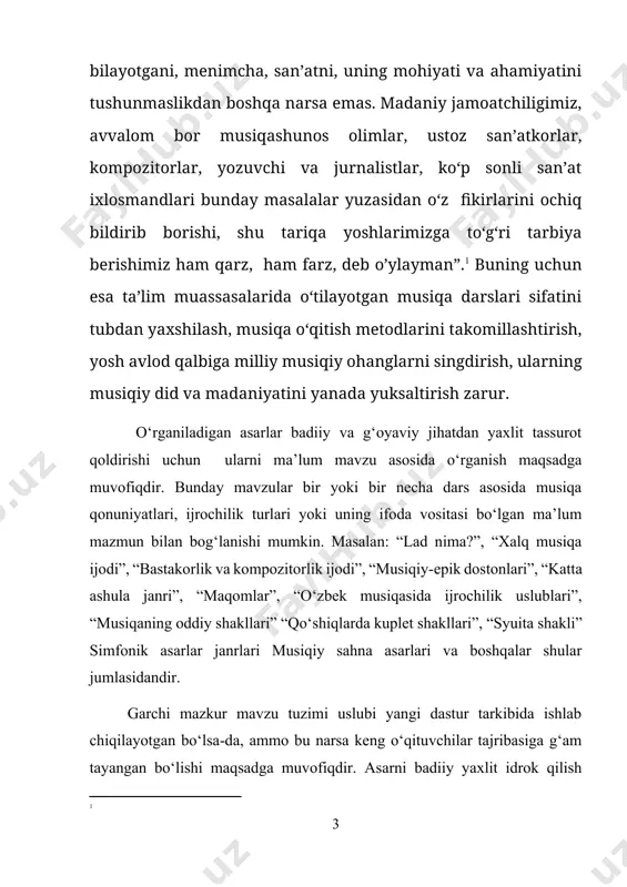 asbobi bo‘lmagan, musiqaning hayotbaxsh ta’sirini o‘z hayotida sezmasdan yashaydigan odamni bizning yurtimizda topish qiyin desak, mubolag‘a bo‘lmaydi. eng muhimi, bugungi kunda musiqa san’ati navqiron avlodimizning yuksak ma’naviyat ruhida kamol topishida boshqa san’at turlariga qaraganda ko‘proq va kuchliroq ta’sir ko‘rsatmoqda”.[footnoteref:2] dasturga turli vokal va musiqiy xususiyatga ega bo‘lgan qo‘shiqlar kiradi. vokal-xor ishlari yuzasidan ularning har biri ma’lum malakalarini rivojlantirishga xizmat qiladi. o‘qituvchi sinf imkoniyatlarini hisobga olgan holda yil davomida o‘rgatish uchun 10-12 ta qo‘shiq tanlaydi va ularning vokal ijrochilik darajasi va badiiy mazmuni maktab hayotiga mosligini inobatga olib, ularni ma’lum tartibga soladi. [2: ] o‘qituvchi tanlangan musiqa asarlarini muayyan bir tartibga solar ekan, o‘quvchilarning ovoz hajmi ishtiyoq va zavqi, musiqa va ashula sohasidagi tayyorgarligini e’tiborga olish lozim. o‘quvchilarga musiqiy tarbiya berishning negizi xorda ashula aytishdir, chunki musiqaga bo‘lgan qobilyatini o‘stirish, musiqaga san’atga bo‘lgan mehr va qiziqishni oshira borish vazifasi o‘quvchilarning o‘z faoliyati jarayonida muvaffaqiyatli bajariladi. o‘quvchilarning quyi sinflarda olgan vokal-xor malakalari …