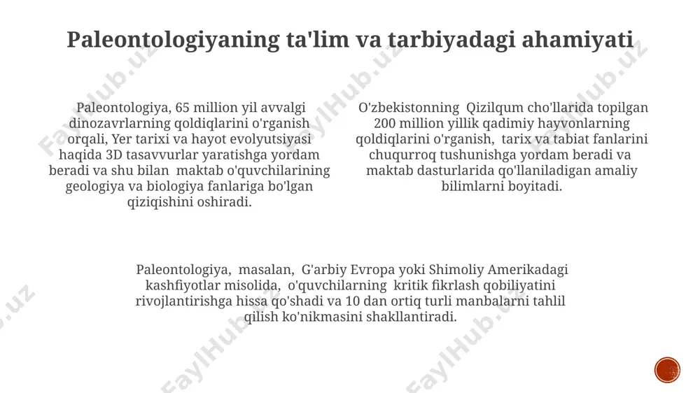 zish joylarida, har bir qatlamning yoshi haqida ma'lumot beradi. paleontologik ma'lumotlarni tahlil qilish usullari kembriy davriga oid, taxminan 540 million yil avvalgi, kanada hududidan topilgan mikrofosillarning kichik o'lchamlari (bir necha mikrometrlar) yuqori aniqlikdagi mikroskopiya va spektroskopiya usullari yordamida batafsil tahlil qilindi. taxminan 50 million yillik qatlamlardan topilgan dengiz organizmlarining izlari g'arbiy avstraliya hududida joylashgan paleontologik yotqizig'lardan olingan ma'lumotlar bilan solishtirildi va ularning evolyutsion rivojlanishi o'rganildi. paleontologik qazilma joylaridan topilgan suyaklarning 3d skanerlash va raqamli modellashtirish texnologiyalari yordamida 100 dan ortiq namunani tahlil qilish, ularning morfologik xususiyatlarini aniqlash va filogenetik daraxtlarni tuzish imkonini beradi. qazilma o'simliklar dunyosini o'rganish qazilma o'simliklarning 300 million yillik tarixi, masalan, karbon davriga oid o'simlik qoldiqlarini o'rganish, ularning yer yuzidagi tarqalishini va evolyutsiyasini tushunishga yordam beradi. taxminan 50 million yil avval mavjud bo'lgan, hozirgi tojikiston hududida topilgan qazilma o'simliklarning polenlari tahlili, o'sha davrning iqlim va muhit sharoitlarini qayta tiklashga yordam beradi. o'zbekistonning qashqadaryo viloyati hududlaridan topilgan qazilma …