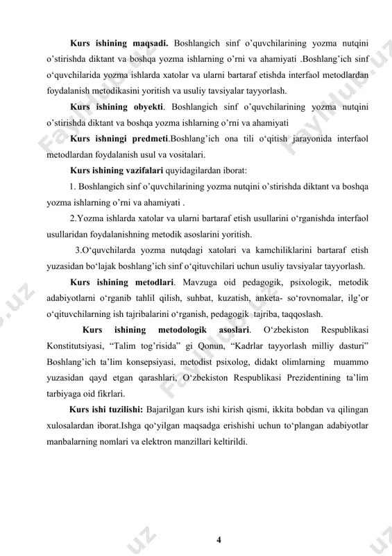 lashga qaratilmog‘i, o‘quvchilarning o‘rgangan bilimlarini qay darajada amalda qo‘llay olishini aniqlashga yo‘naltirilmog‘i kerak. [footnoteref:1] [1: matchonov s. va boshq. boshlang'ich sinf o'qish darslarini pedagogik texnologiyalar asosida tashkil etish. - t.: yangiyo’l poligraph service, 2008.] taqvim-mavzu ish rejasiga asosan yozma ish turlarini o‘z vaqtida o‘tkazish mumkin, ammo uning natijasi qanday bo‘lishiga ko‘ra tadbirlar ishlab chiqilmog‘i- bosh masala. aslida, o‘quvchining savodxonlik darajasi saboq berayotgan o‘qituvchiga hali nazorat ishlari boshlanmasdan avval aniq bo‘ladi. chunki ko‘pi bilan uch dars oralig‘ida o‘quvchi aylanma daftarlarini tekshirish sinchkov murabbiyga bu imkoniyatni beradi. shu o‘rinda nafaqat til sohasidagi, balki uyga yozma vazifa beriladigan matematika darslarida ham aylanma daftarlarning muntazam tekshirilishi har bir o‘quvchi bilan individual ishlashning debochasi va bajarmaslik mumkin bo‘lmagan zaruriy tashxis ekanini aytib o‘tmoq joiz. agar ushbu ishni nimagadir qiyoslash joiz bo‘lsa, o‘qituvchilik faoliyatining asosi, yuklamasining teng yarmi sifatida baholash o‘rinlidir. aylanma daftarlarni tekshirish kundalik odatiy mashg‘ulot sifatida bir stavka dars egasidan har kunda kamida ikki, …