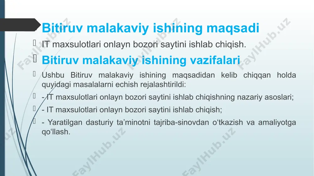 “vipolnit” tanlab http://localhost deb yozib enterni bossak. brovzerda quyigagi hosil bo‘ladi. brovzerda faqat manzilni ishlatmoqchi bo‘lsak. wserverx ichida home katalogi ichki qismiga nom masalan: 5dimi.uz katalogi va uning ichki qismiga www katalogini hosil qilib yaratiladigan katalogning ichki qismiga index.php yoki .php kengaytmali faylni kiritib chiqamiz. brovzerda faqat katalogning nomini kiritishimiz mumkin. masalan 5dimi.uz c:\wserverx\home\localhost\ katalogning ichki qismiga katalog yaratsak masalan 5dimi.uz brovzerga localhost\5dimi.uz nom bilan kiritib ishga tushurish kerak. manzil kiritsak baza bilan ishlash katalogidir. iii bob. ishlab chiqilgan it maxsulotlari onlayn bozori saytini amaliy ahamiyati 3.1. onlayn savdo tashkil etishning muammolari va yaratilgan imkoniyatlar 3.2. yaratilgan dasturiy ta’minotni tajriba-sinovi sayt ma’lumotlarini saqlash va sayt tuzilishi saytning malumotlarni saqlash uchun quyida keltirilgan jadvallarni ma’lumotlar manbaasini boshqarish tizimida hosil qilishimiz talab etiladi: bosh sahifa (sayt menyulari), xaridor (xaridorlar uchun), sotuvchi firmalar (sotuvchilar uchun), yangilik (yangiliklar uchun). har bir jadval strukturasini ko‘rib chiqamiz: bosh sahifa jadvalida quyidagi maydonlar bo‘lishi kerak: id – …