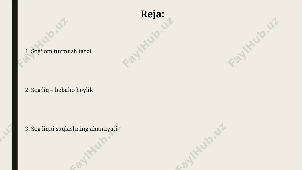 gan odamlar, masalan, muntazam jismoniy mashqlar bilan shugʻullanuvchilar, oʻrtacha 7-10 yilga koʻproq umr koʻrishlari va yurak-qon tomir kasalliklari xavfini 20% ga kamaytirishlari ilmiy jihatdan isbotlangan. oʻzbekiston respublikasida olib borilgan tadqiqotlar shuni koʻrsatdiki, toʻgʻri ovqatlanish va muntazam tibbiy koʻrikdan oʻtish mehnat unumdorligini 15-20% ga oshirishga va tibbiy xarajatlarni 30% ga kamaytirishga yordam beradi. sogʻliqni saqlash xizmatlaridan foydalanish 2022-yilda oʻzbekistonda 15 yoshgacha boʻlgan bolalar orasida yuqumli kasalliklar soni 10% ga kamaydi, bu sogʻliqni saqlash tizimining samarali ishlashini koʻrsatadi. toshkent shahrida joylashgan "tibbiyot akademiyasi"ning tadqiqotiga koʻra, muntazam tibbiy koʻrikdan oʻtgan aholi orasida surunkali kasalliklar xavfi 25% ga pasaygan. toʻgʻri ovqatlanishning roli meva va sabzavotlarning kundalik iste'moli, taxminan 5-7 xil turdagi, immunitet tizimini mustahkamlaydi va o'zbekistonda keng tarqalgan gripp va shamollash kabi kasalliklarga chidamliligini oshiradi. o'rta osiyo mintaqasi uchun xos bo'lgan 100 gramm kungaboqar urug'i kunlik energiya ehtiyojining 5% ni qoplaydi va zarur yog' kislotalari manbai hisoblanadi, shuningdek, sog'lom soch va terining o'sishiga yordam …