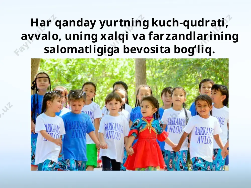 ‘ir yarador bo‘ladi. shunga qaramasdan, jang maydonini tark etmaydi. yurtimizda 2000-yil – «sog‘lom avlod yili», 2001-yil – «ona va bola yili», 2008-yil – «yoshlar yili», 2010-yil – «barkamol avlod yili», 2014-yil esa «sog‘lom bola yili» deb e’lon qilinib, maxsus davlat dasturlari asosida keng ko‘lamli ishlar amalga oshirilgan. savol va topshiriqlar: 1. qanday odamni sog‘lom deymiz? 2. komil inson bo‘lish uchun nima qilish kerak? 3. qanday odamni barkamol deyish mumkin? 4. ta’lim va tarbiyani nima uchun bir-biridan ajratib bo‘lmaydi? 5. ushbu rasmlarda tasvirlangan mashg‘ulotlarning qaysi biri jismni, qaysi biri esa ruhiyatni tarbiyalashga xizmat qiladi? 6. o‘zini o‘zi tarbiyalash deganda nimani tushunasiz? 7. mashhur bokschi rufat risqiyev qanday qilib jahon chempioni bo‘ldi? image2.jpeg image3.jpeg image4.jpeg image5.jpeg image6.gif image7.jpeg image8.jpeg image9.jpeg image10.jpeg image11.jpeg image12.emf image13.jpeg image14.jpeg image15.jpeg image16.jpeg image17.jpeg image18.emf image1.jpeg
