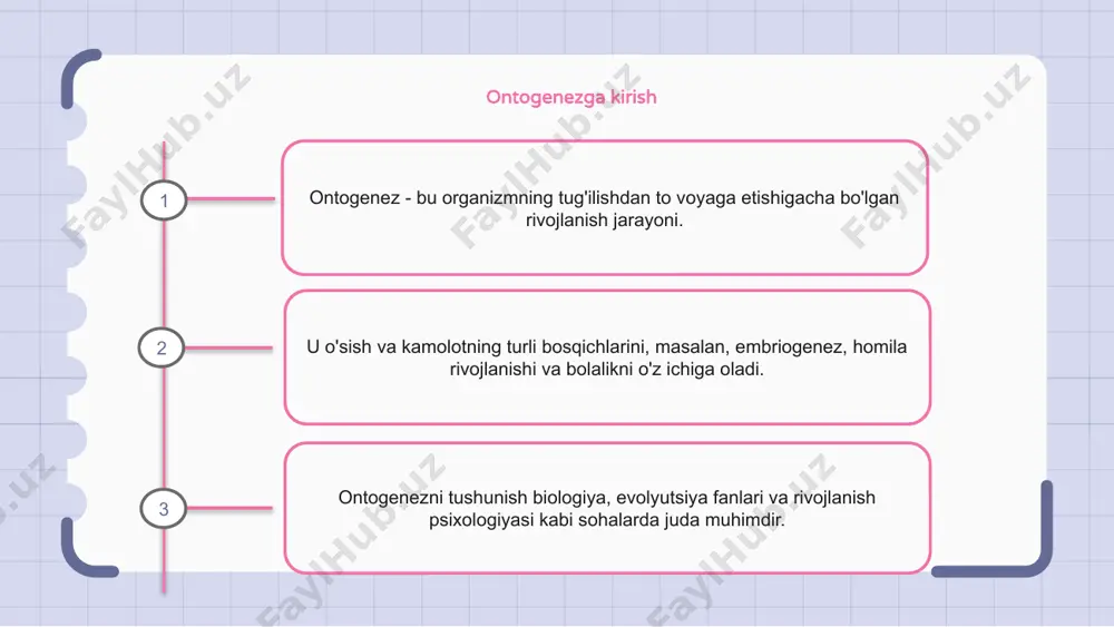 jarayonlari bilan bog'liq holda o'rganiladi. evolyutsion biologiyada ontogenez ontogenez - bu organizmning zigotadan kattalar shakliga o'tishi bilan bog'liq rivojlanish jarayoni. u o'sish va differentsiatsiyaning turli bosqichlarini, masalan, hujayra bo'linishi, hujayraning ixtisoslashuvi va organ shakllanishini o'z ichiga oladi. evolyutsion biologiyada ontogenez organizmning rivojlanishi uning evolyutsion tarixiga qanday ta'sir qilishini tushunishni anglatadi. 1 2 3 ontogenez va genetik tartibga solish ontogenez tushunchasi individual organizmning urug'lanishdan to etuklikka qadar bir qator bosqichlar orqali rivojlanishini anglatadi. ontogenez jarayonida genetik regulyatsiya rivojlanishning turli bosqichlarida turli genlar va oqsillarning qanday namoyon bo'lishini aniqlashda hal qiluvchi rol o'ynaydi. ontogenez va genetik tartibga solish mexanizmlarini tushunish rivojlanish jarayonlari, evolyutsion biologiya va turli kasalliklar haqida tushuncha beradi. ontogenez va atrof-muhit ta'siri ontogenez organizmning urug'lanishdan to voyaga etgunga qadar rivojlanishi va o'sishini anglatadi. u organizmning hayoti davomida sodir bo'ladigan tuzilishi, shakli va funktsiyasidagi o'zgarishlarni o'z ichiga oladi. organizmning ontogenezini shakllantirishda atrof-muhit ta'siri asosiy rol o'ynaydi, chunki ular uning rivojlanishi va …