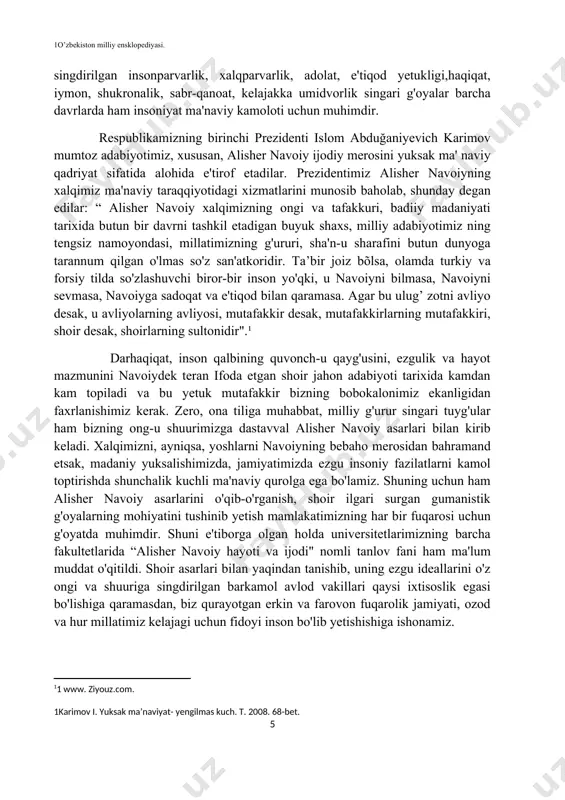zar soladigan bo'lsak, barcha asarlarida badiiy adabiyotning go'zal namunalariga duch kelamiz. so'zlar shunchalik mahorat bilan o'z o'rnida qo'llanganki, hech birini olib tashlash yoki birining o'rniga muqobilini qo'llashning umuman imkoni yo'q. ulardagi ma'no, mazmun shunchalik teranki, o'quvchi asarni o'qib turib shoir mahoratiga tahsinlar aytishdan boshqa chorasi yo'qdir. shoir betakror, shunchalar jozibador topilmalarni topib qo'llaganligi unga o'zgacha bir ko'rinish, takrorlanmas jozibani baxsh etganligi hech kimga sir emas. ma'lumki, sharq adabiyoti tarixining ko'p asrlik taraqqiyoti davomida adabiy an'ana muhim o'rin egallaydi. shoirlar salaflari ijodiy merosiga murojaat qilar ekanlar, avvalo, o'z estetik qarashlariga mos, ko'ngillariga yaqin, dunyoqarashlariga nisbatan uyg'un keladigan asarlarni maqbul ko'rganlar. yana bir tomoni, o'rta asrlar estetikasi me'yoriy xarakterda bo'lib, mavzular ko'lami hamda janrlar tabiati avvaldan belgilangan qoidalar asosida voqe bo'lgan va bu holat o'sha davr kishilarining mental dunyoqarashi bilan izohlanadi. alisher navoiy ijodi sharq adabiyotining boy adabiy an'analari zaminida maydonga keldi va o'z navbatida keyingi davr adabiyoti rivojiga samarali ta'sir ko'rsata …