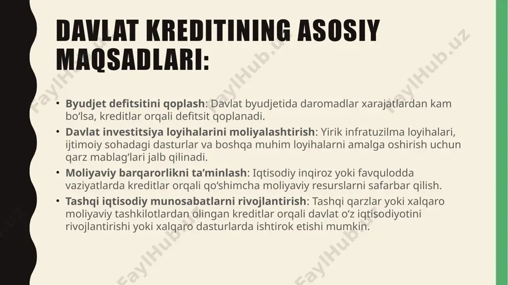 mchiliklari: davlat qarzi ortishi bilan foiz to‘lovlari hajmi ham oshadi, bu kelajakda davlat byudjetiga qo‘shimcha yuk bo‘lishi mumkin. tashqi qarzlar milliy valyuta kursiga salbiy ta’sir ko‘rsatishi va inflyatsiya xavfini oshirishi mumkin. moliyaviy barqarorlikni buzish xavfi: agar qarzlar qaytarilmasa yoki samarasiz sarflansa, davlatning moliyaviy barqarorligi xavf ostida qolishi mumkin. /docprops/thumbnail.jpeg