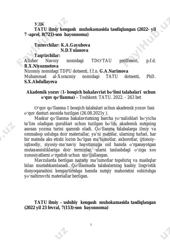 vzu. matn hosil qiluvchi vositalari.. .......................................... 38 5- mavzu. matnni ma’noviy qismlarga bo‘lish tamoyillari. ............... 43 6- mavzu. reja. rejaning turlari.. ....................................................... 50 7- mavzu. konspekt. konspekt turlari.. .............................................. 61 8- mavzu. nutq uslublari.. ................................................................... 69 9- mavzu. ilmiy uslub va rasmiy- idoraviy uslublarning leksik- grammatik xususiyatlari………………………………………………77 10- mavzu. publitsistik uslub va og’zaki uslublarning leksik- grammatik xususiyatlari……………………………………………...85 11- mavzu. annotatsiya yozish. .......................................................... 93 12- mavzu. esse haqida tushuncha. . .............................................. 109 13- mavzu. esse turlari.. .................................................................... 119 14- mavzu. referat. referat turlari.. ................................................ 125 15- mavzu. referat tarkibidagi klishelangan jumlalar. .................... 133 16- mavzu. ilmiy uslub janrlari. ilmiy sharh.. .................................. 141 17- mavzu. ilmiy uslub janrlari. kurs ishi.. ...................................... 149 18- mavzu. doklad. doklad tuzilmasi.. ............................................ 155 19- 20- mavzu. loyiha. loyiha tavsifi…… . …………………… 168 21- 22- mavzu. tezislar. tezis turlari. tezislar yozish uslubi.......... 174 23- 24-mavzu. taqriz matni. taqrizning turlari ............................... 189 25- mavzu. taqrizning tuzilishi. ....................................................... 190 …