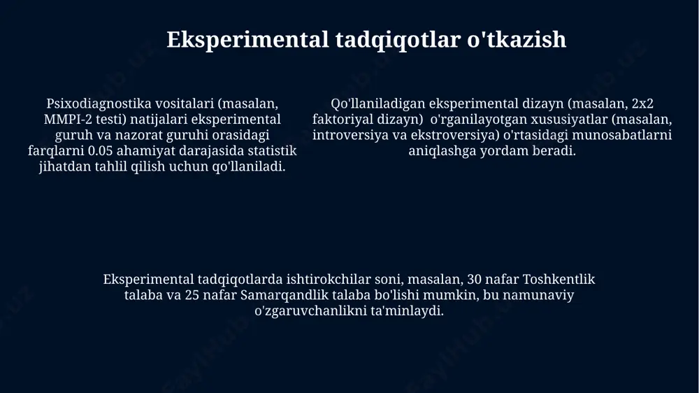 arini keyinchalik korrelyatsiya tahlili yordamida solishtirish kerak (masalan, 0,8 dan yuqori korrelyatsiya qabul qilinadi). kuzatuv usullarining 3 turi mavjud: tizimli kuzatish (masalan, 5 yoshli bolalarning o'yin maydonchasida 1 soat davomida xatti-harakatlarini qayd etish, toshkentda), o'z-o'zini kuzatish jurnallari va yashirin kuzatish (masalan, ijtimoiy tadqiqotlarda anonim kuzatuvlar). etnokultural omillar kuzatuv natijalariga sezilarli ta'sir ko'rsatishi mumkin; shuning uchun (masalan, samarqand va buxoro viloyatlarida o'tkazilgan tadqiqotlarda) madaniy kontekstni hisobga olish muhimdir. e'tiboringiz uchun rahmat @taqdimot_robot image1.jpg