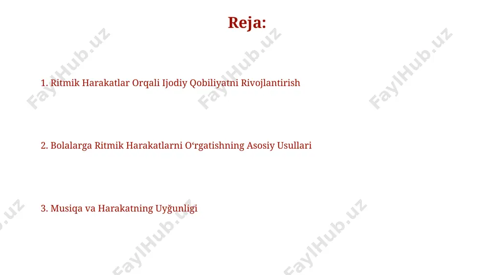 sus maktablarda qo'llaniladigan o'yin uslubidan foydalanish tavsiya etiladi. xavfsizlik texnikasi va ehtiyot choralari qo'llaniladigan jihozlar (masalan, gimnastika to'plari, arqonlar) 2-3 marta tekshirilib, shikastlangan yoki yaroqsiz jihozlar darhol almashtirilishi kerak, bu andijon viloyatidagi maktablar uchun ham majburiy. har bir mashqdan oldin, 10-15 daqiqali isitish mashqlari va 5 daqiqali cho'zish mashqlari bajarish, toshkentdagi shifokorlarning tavsiyasi bo'yicha, jarohatlarni oldini olishda muhim ahamiyatga ega. samaradorlikni baholash va monitoring farg'ona viloyatida 100 nafar bolani qamrab olgan monitoring natijalariga ko'ra, ritmik harakatlarni o'rgatishda individual yondashuv guruhiy mashg'ulotlarga nisbatan 15% yuqori natijalar bergan. samaradorlikni baholashda, 5 yoshgacha bo'lgan bolalar guruhi bilan toshkentdagi 3 ta maktabda o'tkazilgan tadqiqotlar shuni ko'rsatdiki, ritmik harakatlarni o'rgatishda o'yin uslubi 20% ga samaradorlikni oshirgan. ritmik harakatlar orqali ijodiy qobiliyatlarni tarbiyalash ritmik harakatlar, masalan, 5-7 yoshli bolalarda 20 ta turli harakatni birlashtirgan murakkab kompozitsiyalarni yaratishga imkon beradi, bu esa samarqanddagi bolalar bog'chalarida qo'llanilgan usul. bolalar ritmik mashqlar orqali 3-4 yoshida muvozanat va koordinatsiyani rivojlantirib, …
