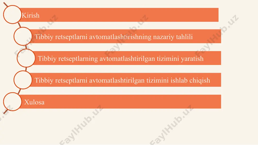 shifokor loyihadan kutilayotgan natija platformadagi retseptni yo’qotib qo’ymaydi bemor shifokor tomonidan yozilgan noqulay retseptni o’qishga qiynalmaydi va qog’ozbozlikdan qutuladi farmasevt tadqiqot obyekti ilovaning mobil ko‘rinishi foydalanuvni interfeysining ko‘rinishi foydalanuvni interfeysining ko‘rinishi ilova menyusining ko‘rinishi va buyurtmaning tafsilotlari admin panelining kirish qismi ko‘rinishi admin paneli menyusining ko’rinishi buyurtma holatining admin panelidagi ko‘rinishi shifokor bemorga yozgan dorilar ro’yxatini admin panelda ko’rinishi sotib olingan dorilar haqida ma’lumot xalqaro jurnallarda chop etilgan maqolalar yaratilgan ilova uchun olingan dgu guvohnoma va uning qarori e’tiboringiz uchun raxmat! image1.png image2.jpeg image3.jpeg image4.jpeg image5.jpeg image6.jpeg image7.png image8.png image9.jpeg image10.png image11.jpeg image12.jpeg image13.jpeg image14.png image15.png image16.png image17.png image18.png image19.png image20.png image21.png image22.png image23.png image24.png image25.png image26.png image27.jpeg