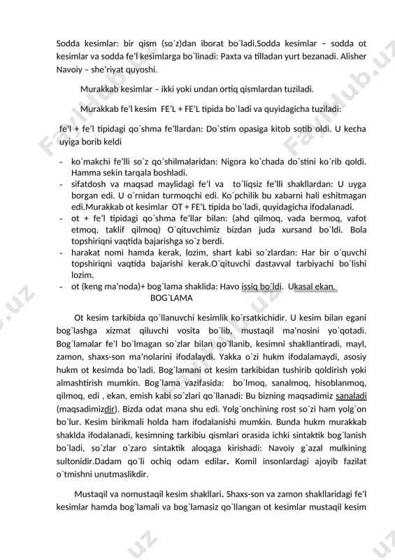 akat nomi hamda kerak, lozim, shart kabi so`zlardan: har bir o`quvchi topshiriqni vaqtida bajarishi kerak.o`qituvchi dastavval tarbiyachi bo`lishi lozim. 1. ot (keng ma’noda)+ bog`lama shaklida: havo issiq bo`ldi. ukasal ekan. bog`lama ot kesim tarkibida qo`llanuvchi kesimlik ko`rsatkichidir. u kesim bilan egani bog`lashga xizmat qiluvchi vosita bo`lib, mustaqil ma’nosini yo`qotadi. bog`lamalar fe’l bo`lmagan so`zlar bilan qo`llanib, kesimni shakllantiradi, mayl, zamon, shaxs-son ma’nolarini ifodalaydi. yakka o`zi hukm ifodalamaydi, asosiy hukm ot kesimda bo`ladi. bog`lamani ot kesim tarkibidan tushirib qoldirish yoki almashtirish mumkin. bog`lama vazifasida: bo`lmoq, sanalmoq, hisoblanmoq, qilmoq, edi , ekan, emish kabi so`zlari qo`llanadi: bu bizning maqsadimiz sanaladi (maqsadimizdir). bizda odat mana shu edi. yolg`onchining rost so`zi ham yolg`on bo`lur. kesim birikmali holda ham ifodalanishi mumkin. bunda hukm murakkab shaklda ifodalanadi, kesimning tarkibiu qismlari orasida ichki sintaktik bog`lanish bo`ladi, so`zlar o`zaro sintaktik aloqaga kirishadi: navoiy g`azal mulkining sultonidir.dadam qo`li ochiq odam edilar. komil insonlardagi ajoyib fazilat o`tmishni unutmaslikdir. mustaqil va nomustaqil …
