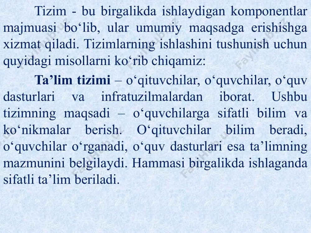 ma'lumotlarni qayta ishlash. ma'lumotlarni tahlil qilish: ma'lumotlardan foydalanib tendensiyalarni aniqlash va kelajak prognozlarini ishlab chiqish. ma'lumotlarni himoyalash: ma'lumotlarning xavfsizligini ta'minlash, ularning nojo'ya foydalanuvchilar tomonidan o'zlashtirilishining oldini olish. axborot tizimlarida texnologik innovatsiyalar axborot tizimlari sohasida turli texnologik innovatsiyalar muntazam ravishda joriy etilmoqda: sun'iy intellekt va mashinaviy o'rganish: axborot tizimlariga avtomatik qaror qabul qilish imkonini beradi. bulut texnologiyalari: ma'lumotlarni saqlash va ularga masofadan kirish imkoniyatlarini oshiradi. iot (narsalar interneti): tashqi qurilmalar bilan bog'lanish imkonini yaratadi va ulardan ma'lumotlar yig'ilishiga yordam beradi. big data: katta hajmdagi ma'lumotlarni saqlash va tahlil qilish imkoniyatlarini ta'minlaydi. axborot tizimlarining afzalliklari afzalliklari: ma'lumotlar orqali samaradorlikni oshirish qaror qabul qilish jarayonlarini soddalashtirish jarayonlarni avtomatlashtirish tahlil va bashorat qilish imkoniyatlari kamchiliklari: yaxshi texnik infratuzilma va texnik ko'nikmalarni talab qiladi xavfsizlik muammolari va kiberxavf xavflari dasturiy va apparat ta'minotining qimmatligi axborotlashgan jamiyat xususiyatlari axborotlashgan jamiyat haqida olimlar turlicha fikrdalar. yapon olimlarining hisoblashlaricha, axborotlashgan jamiyatda kompyuterlashtirish jarayoni odamlarga ishonchli axborot manbaidan foydalanish, …