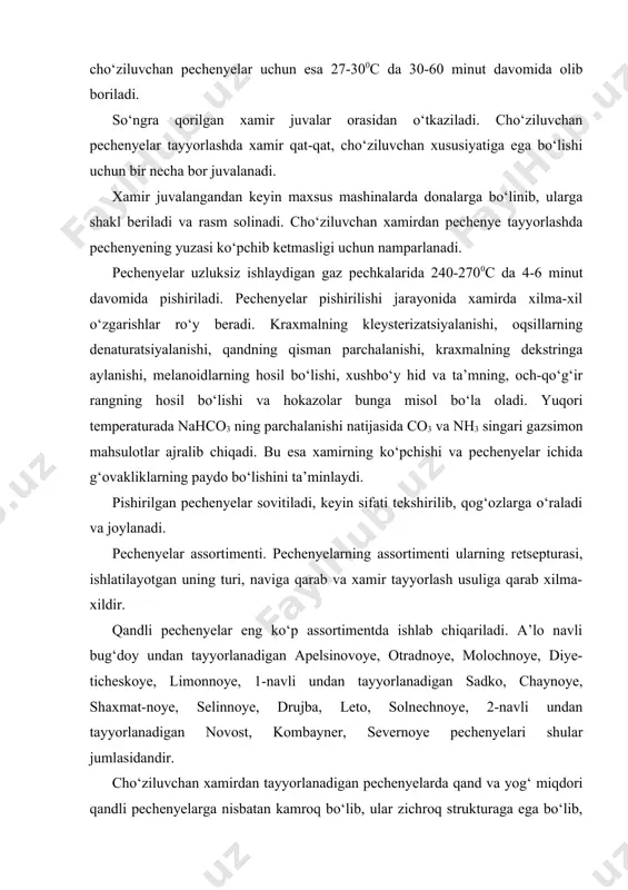 a uvalanmaydi. bu pechenyelarning yuzasi silliq, oddiy naqshli, och sariq rangda bo‘ladi. a’lo sortli bug‘doy unidan tayyorlanadigan avrora, moskva, mariya, shkolnoye, novoye, tomatnoye, 1-navli bug‘doy unidan tayyorlanadigan smes №1, ukrainskoye pechenyelari kabilar cho‘ziluvchan xamirdan tayyorlangan pechenyelarga kiradi. shirmoy pechenyelar qandli va cho‘ziluvchan pechenyelardan tarkibida qand, yog‘, tuxum va sut mahsulotlari miqdorining ko‘pligi bilan ajralib turadi. bu pechenyelar ishlab chiqarish uchun asosan a’lo navli bug‘doy uni ishlatiladi. shirmoy pechenyelarning o‘lchamlari kichkina, xilma-xil shaklda bo‘lib, yuzasi mag‘iz, yong‘oq, shokolod, mayiz va boshqa mahsulotlar bilan bezatilib ishlab chiqariladi. kreker (quruq pechenye). kreker tashqi ko‘rinishi qat-qat strukturasi bo‘yicha cho‘ziluvchan xamirdan tayyorlangan pechenyelarga juda o‘xshash bo‘lsada, ulardan tarkibida qand bo‘lmasligi va xamir tayyorlashda xamirturush ishlatilishi bilan ajralib turadi. krekerlarni ovqatlanishda non o‘rnida ishlatish ham mumkin. tayyorlash usuliga va tarkibiga qarab krekerlar xamirturush solingan yoki xamirturush ham kimiyoviy ko‘pchituvchi modda qo‘shilgan (zdorovye, molodost, moskovskiy, stolovoye) ziravorlar qo‘shilgan, (pishloq, anis, tuz va boshqalar) guruhlariga bo‘linadi. galetlar. galetlar …