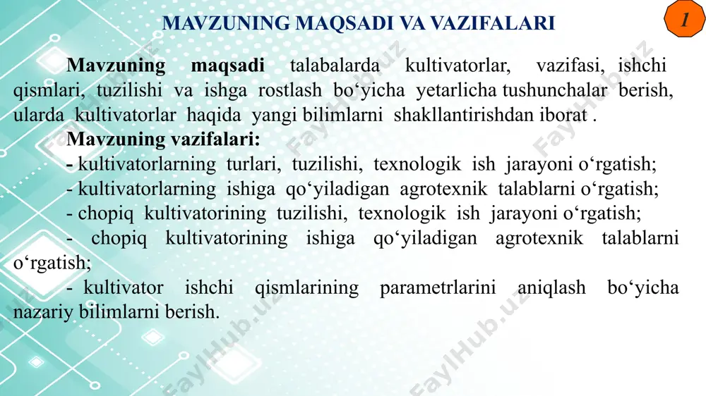 aqbul rejimlarida biologik jarayonlar jadal kechadi, tuproq tarkibidagi oziq moddalar resursini to‘liq safarbar qilish va ulardan samarali foydalanish imkoniyati yaratiladi, suv tuproqqa yaxshi shimiladi, tuproq yuza hamda pastqi qatlamlaridan bug‘lanishining minimum darajagacha kamaytirishga imkon paydo bo‘ladi va uning namligi uzoq saqlanadi. sho‘rlangan yerlarda esa quyi qatlamlardagi tuzning yuqoriga ko‘tarilishi pasayadi. g‘o‘za qator oralari tuprog‘ining bunday holati chopiq traktorlariga agregatlab ishlatiladigan kxu-4 (1-rasm) va boshqa shu kabi oziqlantirgich kultivatorlar bilan 4-5 marta ishlov berish orqali ta’minlab turiladi. 1-old ramasi; 2-seksiyaning pasaytirgichi; 3-to‘rt bo‘g‘inli seksiya; 4-orqa rama; 5-orqa ramani qotirish kronshteyni; 6-kachalkali val; 7 va 8-o‘g‘itlash apparatlari; 9-ko‘tarish vali; 10-o‘g‘it o‘tkazgich; 11- kultivatorning ishchi qismlari (ariq ochgich).kxu-4 kultivator-oziqlantirgich sxemasi qator oralari 60 smli dalaga rostlangan kultivatorning 1-chopiqqa sozlangan umumiy sxemasi kultivatorlar kutilgan samarani berishi uchun 8 turdagi ish organlari bilan to'liq jihozlangan bo'lishi kerak: 60 sm li qator oralarida ishlash uchun jami 68 dona, 90 sm qator oralari uchun 84 dona ish …