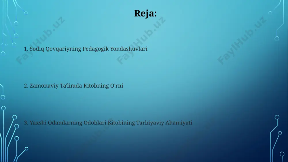 alar va misollar, 5 ta asosiy mavzu atrofida qurilgan bo'lib, o'quvchilarga ta'sirchan ta'lim beradi. qawqariyning ta'limiy uslubi, 100 dan ziyod hadis va qur'oniy oyatlarga tayanib, amaliy maslahatlar bilan boyitilgan. odob-ahloqning shaxs tarbiyasidagi o'rni muallif, "odob-ahloqning shaxs tarbiyasidagi o'rni"da, ijtimoiy hayotning 10 ga yaqin muhim jihatini qamrab olib, insonning ma'naviy barkamolligini ta'minlashga qaratilgan tarbiya usullarini bayon qiladi. “odob-ahloqning shaxs tarbiyasidagi o'rni” asari, 7 bob va 20 dan ortiq mavzu bo'yicha yaxshi axloq qoidalarini tushuntirib beradi, shaxsning kamol topishida muhim ahamiyatga ega. xulosa va kelajak rejalari kitobdagi amaliy mashqlar va topshiriqlar sonini 2 baravar oshirish orqali o'quv jarayonini yanada samarali qilish taklifi berildi. pedagogik tadqiqotlar natijalari hisobga olindi. kitob mazmunini zamonaviy pedagogik texnologiyalar, jumladan, interfaol o'yinlar va onlayn platformalar orqali o'rgatish bo'yicha 5 ta yangi loyiha taklif etildi. e'tiboringiz uchun rahmat @taqdimot_robot image3.jpg image4.jpg image5.jpg image6.jpg image7.jpg image8.jpg image9.jpg image2.png
