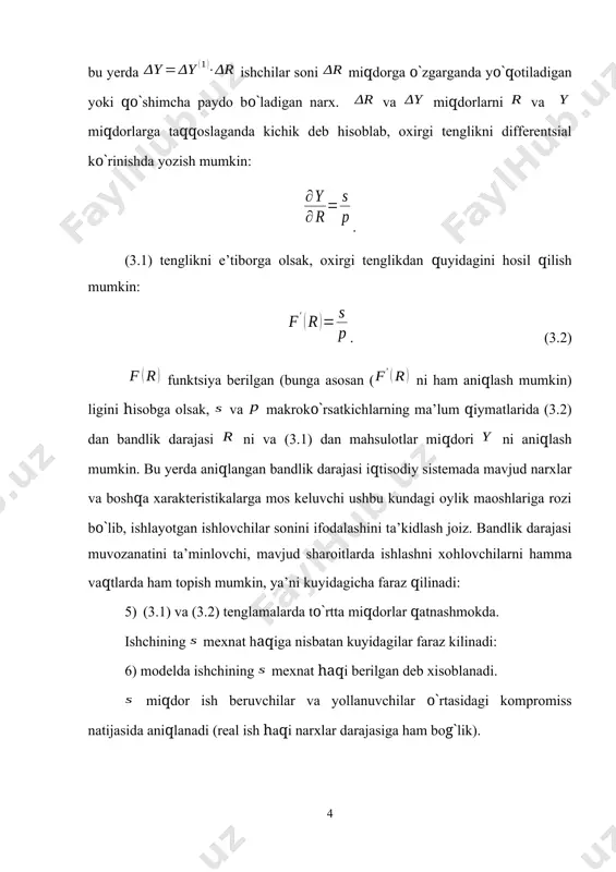 bir qismi jamg`arilib boriladi: , bu yerda - mahsulotning iste’mol qilinadigan (iqtisodiyotga qaytmaydigan) qismi, esa iqtisodiy sistemaga qaytuvchi, jamg`arib boriladigan (yoki fondni tashkil qiluvchi mahsulotlar) qismini ifodalaydi. va miqdorlar o`rtasidagi munosabat quyidagi mulohazalardan aniqlanadi. miqdorga nisbatan quyidagilar faraz qilinadi: 7) ishlab chiqarilgan mahsulotning iste’mol qilinadigan qismi ishlab chiqarilgan mahsulot miqdori ning o`ziga bog`lik, ya’ni . bu yerda funktsiyasi funktsiyasiga o`xshab to`yinganlik xususiyatiga ega: ishlab chiqarilgan mahsulot miqdori kancha katta bo`lsa, iste’mol qilishga sarflanadigan qo`shimcha ishlab chiqariladigan mahsulot miqdori ning ulushi shuncha kichik bo`ladi (15.1–rasm) va katta qismi jamg`arilib boriladi. miqdor iste’mol qilishga moyillik deyiladi. , aks holda kichik miqdorda ishlab chiqarilgan mahsulotlarda ishlab chiqarilgan miqdoriga nisbatan ko`prok iste’mol talab kilinar edi. miqdor jamg`arish (yig`ish) ga moyillikni anglatadi. (3.3) fondni tashkil qiluvchi mahsulot kelgusida foyda olish maqsadida investitsiya sifatida investorlar tomonidan iqtisodiyotga kiritiladi. matematik modelda kiritilayotgan investitsiya kelgusida iste’mol uchun tashlab ko`yilgan mahsulotga ekvivalent deb hisoblaniladi va shu sababli sistemaning yana …