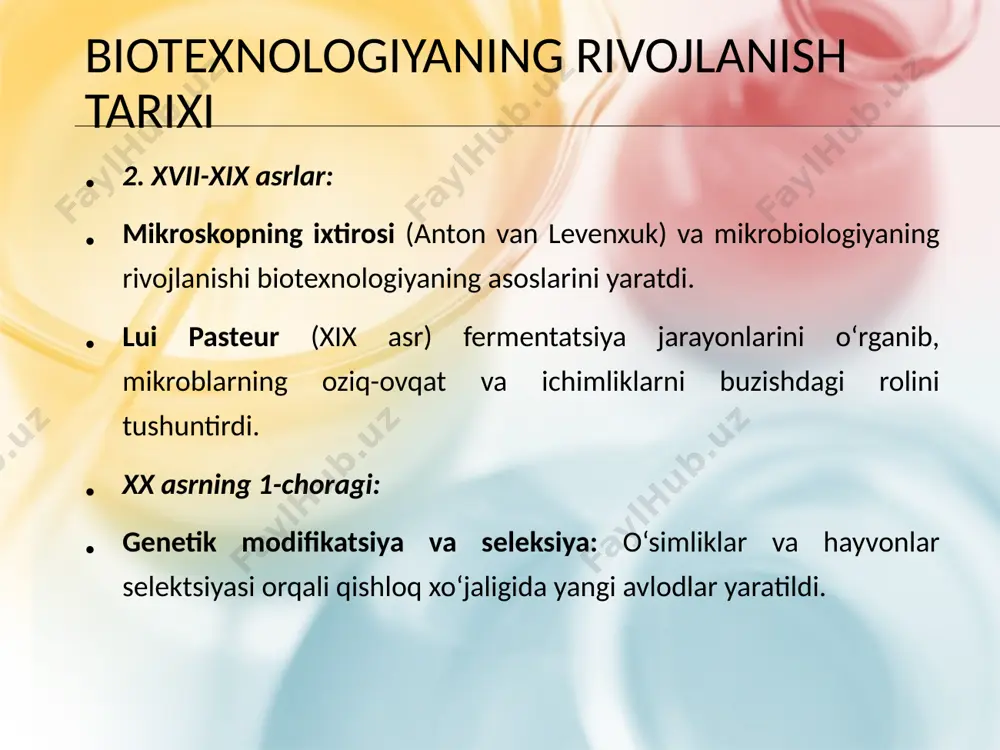 siyalarini tushunishga yordam beradi. bu, ayniqsa, biologik dori-darmonlar ishlab chiqarishda va organizmning o‘ziga xos xususiyatlarini aniqlashda muhim. biotexnologiyaning fandagi o'rni biokimyoviy jarayonlar: biotexnologiya ko‘plab kimyoviy jarayonlarga asoslanadi, masalan, fermentatsiya, biokataliz va boshqa biologik kimyo jarayonlari. biokimyoviy reaktsiyalar orqali mikroorganizmlar, o‘simliklar yoki hayvonlardan olingan moddalardan dori-darmonlar, oziq-ovqat mahsulotlari va energiya manbalari ishlab chiqariladi. biokatalizatorlar: biotexnologiya orqali ishlab chiqarilgan biologik katalizatorlar, masalan, fermentlar, kimyoviy reaktsiyalarni tezlashtirishda, energiya ishlab chiqarishda va tabiiy resurslarni qayta ishlashda qo‘llaniladi. e’tiboringiz uchun rahmat image1.png image2.png image3.png image4.jpeg image5.jpeg image6.jpeg image7.jpeg image8.jpeg image9.jpeg image10.jpeg image11.jpeg image12.jpeg