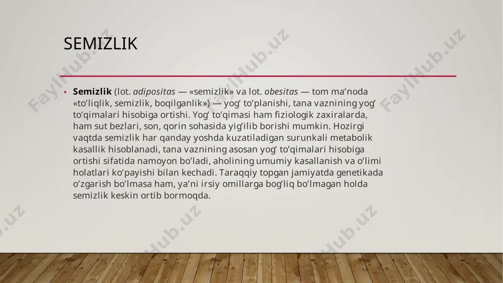 aydi, asosan qorin sohasida yog‘ ko‘p to‘planadi; kombinirlangan tip – yog‘ butun tana bo‘ylab bir xilda to‘plangan bo‘ladi. klassifikatsiyasi kelib chiqish mexanizmiga ko’ra: birlamchi – alimentar (ovqatlanish) yoki ekzogen faktorlar natijasida; ikkilamchi – ko‘pincha irsiy moyillik natijasida va ayrim bosh miya patologiyalarida kelib chiqadi. bunday tipni simptomatik deb atasa ham bo‘ladi; endokrin – qandaydir ichki sekretsiya bezining funksiyasi buzilishi natijasida semizlik kelib chiqishi; klassifikatsiyasi tvi(tana vazni indeksi bo’yicha) birinchi daraja – tvi 25 dan 30 gacha bo‘ladi, bunda ortiqcha tana vaznidan qutilish oson, shunchaki jismoniy mashqlar va diyeta qilish kifoya; ikkinchi daraja – tvi 30-35 bo‘lsa, yurak qon tomir tizimi tomonidan patologiyalar paydo bo‘lishiga xavf bo‘ladi. bu darajaning o‘ziga xosligi, davolash davomida yo’qotilgan tana vaznini qayta tiklashdir. uchinchi bosqich – tvi 35-40 ni tashkil qiladi. bemorlarda harakatning chegaralanishi, hansirash belgilari kuzatiladi. bu bosqichda shunchaki jismoniy mashqlar va diyeta foyda bermaydi, maxsus mutaxassis tavsiyasiga ko‘ra psixoterapevtik, medikamentoz va jarrohlik amaliyoti qo‘llanilishi …