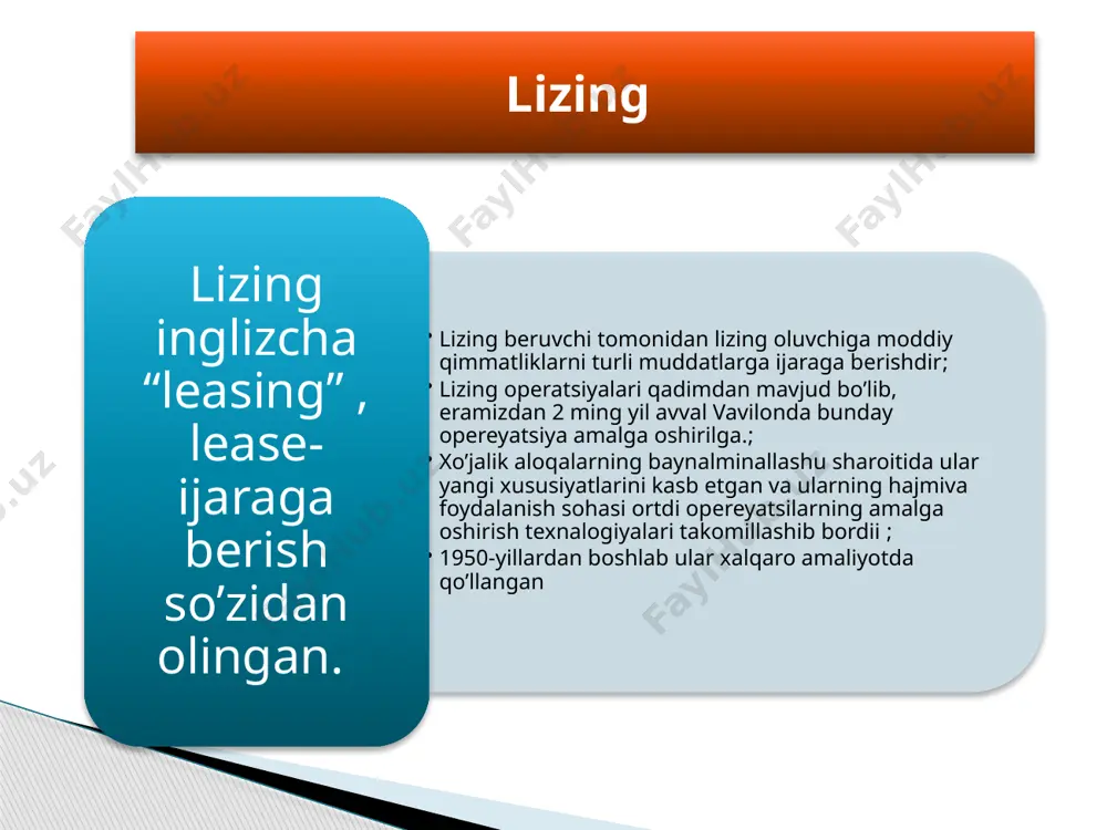 ‘rsatish masalasi to‘liq hal etilmagan. “sof” lizing. bunda asbob-uskunalardan foydalanish bilan bog‘liq asosiy majburiyatlar lizing oluvchi bo‘yniga tushadi. u soliqlar va har xil yig‘imlarni, to‘lovlarni hamda asbob-uskunalardan foydalanish bilan bog‘liq barcha xarajat va sug‘urta to‘lovlarini to‘laydi. qaytariluvchi lizing – “liz-bek”. tijorat nuqtayi nazaridan lizingning bu shakli firma mablag‘larga kuchli ehtiyoj sezganda qo‘llaniladi. uning asosiy xususiyati bo‘lib, firmaning moliyaviy holatini yaxshilashga samarali vosita sifatida namoyon bo‘lishidir 4. 5. 6. xalqaro lizing operatsiyalari mamlakat to‘lov balansiga ta’sir ko‘rsatadi. xorijiy lizing kompaniyalari tomonidan amalga oshiriladigan ijara to‘lovlari mamlakatning valyuta xarajatlarini ko‘paytirsa, ularning 334 tushumi esa to‘lov balansiga ijobiy ta’sir ko‘rsatadi. xalqaro iqtisodiy munosabatlarda lizing shartnomasi tugagandan so‘ng obyektga (mulkka) egalik qilish import operatsiyasi hisoblanadi. shuning uchun, xalqaro lizing operatsiyalari davlat orqali tartibga solinadi. xalqaro amaliyotda, muddati bo’yicha asbob-uskunalarni ijarag berish quyidagi turlarga bo’linadi 1. qisqa (renting) va o‘rta (xayring) muddatli – 3 yilgacha. bunda, standart asbob-uskunalar, ya’ni avtomobillar, traktorlar, temir yo‘l vagonlari va …
