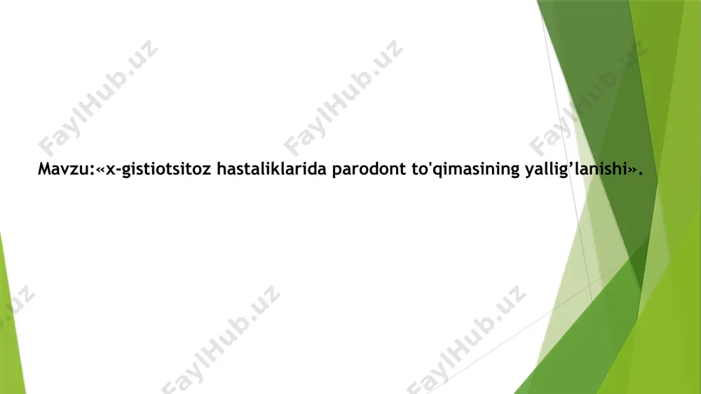 ali nekrotik gingivit, stomatit va destruktiv o'choqlar nafaqat alveolyar suyak o’sig’ini, balki jag' suyagi tanasini, kalla suyagini va boshqa skelet suyaklarini ham jarohatlaydi. bu narsa x- gistiotsitoz uchun xos hisoblanadi. x- gistiotsitozning i, i shakllari patologik jarayonning unchalik keng targalmasligi (suyak to'qimasi bundan mustasno) bilan tavsiflanadi.bunda hastalik sekin, o'tkirlashuv jarayoni remissiyalar davri bilan almashinib kechadi. jarayonning rivojlangan davri uchun ekzoftalm, chanqash (bola 10 litrgacha suv ichadi), taloq, jigar kattalashuvi, limfadenitlar, gingivit va stomatitlar harakterlidir. xend -shiller - krischen sindromining dastlabki davrlarida yuzaga keladigan gingivit boshqa belgilar (adinamiya, oriqlash, dermatit, limfadenit va boshqalar) bilan birgalikda hastalikka erta to'g ri tashxis qo'yish uchun xizmat qilishi mumkin. xend- shyuller-krischen sindromi bu sindrom (simptomlar yig indisi) a.hand(1893), a.schuller(1916), h.a.christian (1919) tomonlaridan kuzatilgan, uning sinonimlari - lipoid granulematoz, lipogranulematoz. sindrom surunkali tizimli progressiyalanuvchi gistiositoz bo'lib hisoblanib, turli a zolarning gistiositar elementlar bilan infiltratsiyasi bilan harakterlanadi. unga quyidagi simptomlar triadasi xos: yassi suyaklarning ko'plab defektlari, ekzoftalm …