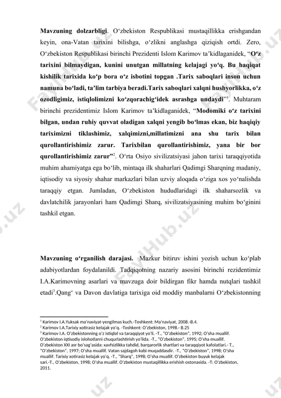 muallif. vatan sajdagoh kabi muqaddasdir. -t., “oʻzbekiston”, 1998; oʻsha muallif. tarixiy xotirasiz kelajak yoʻq. -t., “sharq”, 1998; oʻsha muallif. oʻzbekiston buyuk kelajak sari.-t., oʻzbekiston, 1998; oʻsha muallif. oʻzbekiston mustaqillikka erishish ostonasida. -t: oʻzbekiston, 2011.] [4: a.asqarov sapallitepa t.1973] [5: rtveladze.e.v. novыye drevnebaktrinskiye pamyatniki na yuge uzbekistana// baktriyskiye drevnosti – t. 1976.] [6: sagdullayev a.s va boshq. oʻzbekiston tarixi: davlat va jamiyat taraqqiyoti. t. 2000] kurs ishining maqsad va vazifalari. tadqiqotdan koʻzlangan asosiy maqsad va vazifalar quyidagilardan iborat: - ilk shaharlar tarixida roʻybergan madaniy, ijtimoiy iqtisodiy va siyosiy jarayonlarni, ilk shaharlar taraqqiy etishining asosiy omillari va sabablarini zamonaviy yondashuvlar asosida aniqlash ,qadimgi oʻrta osiyo shahar madaniyatining shakllanishi va rivojlanishi tarixi; “shahar” ni tarixiy tushuncha sifatida izohlash xaqidagi turli konsepsiyalar va yondashuvlarni koʻrib chiqish. qangʻ davlati tarixini arxeologik yodgorliklar orqali oʻrganish toshkent vohasidagilar dehqonchilik bilan juda qadimdan shugʻullanganlar. ohangarondagi burgʻonlik nomi bilan atalgan arxeologik obyektlarda olib borilgan qazilmalar natijasida toshdan yasalgan yer …