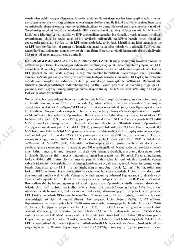 uklid tashhisni chegaralashga asos yo‘q. radionuklid tekshirishlar shartli ravishda to‘rt guruhga bo‘linadi. birinchi guruhga kasallik tashhisini qo‘yishni ta`minlaydigan usullar, ya`ni yod almashuvini radionuklid usuli bilan tekshirib, qalqonsimon bez kasalligining tashhisini qo‘yish; uglyevod almashuvini tekshirib, qandli diabet va surunkali pankreatit tashhisini qo‘yish; skeletni pirofosfat yordamida ssintigrafiya qilib, xavfli o‘smalarning avj olishini aniqlash kiradi. ikkinchi guruhga a`zo yoki tuzilmalar, qisman buyraklar, jigar, o‘t yo‘llari (gepatobiliar tuzilma) faoliyatining buzilganini aniqlashda qo‘llaniladigan radionuklid tekshirish usullari kiradi. uchinchi guruhga ichki a`zolar (buyraklar, jigar, qalqonsimon bez, taloq va b.q.)ni skanerlash yoki ssintigrafi yordamida anatomotopografik holatini tekshirish kiradi. to‘rtinchi guruh o‘pka, yurak-tomir sistemasi, limfa sistemasi, bosh miya, skelet va boshqa a`zolarni tekshirib patologik jarayon borligini, uning darajasini va shikastlanishning tarqalishini aniqlashdan iborat. radionuklid diagnostikada laboratoriyaning joylashgan joyi, jihozlanishi va tekshirishning tashkil etilishi katta ahamiyatga ega. radiologik laboratoriya –talabga javob beradigan maxsus binoda, odamlardan uzoqroqda joylashgan bo‘lishi kerak. u quyidagi xizmat va tekshirish xonalaridan: radionuklidlar saqlanadigan xona, muolaja …