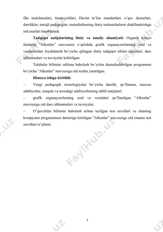 jratilib o’rgatilsa; · dars jarayonida o’quvchilarning mustaqil fikrlash, mantiqiy tafakkurlarini rivojlantira borish ko’zda tutilsa; · alkenlar mavzusini o’rganish mobaynida grafik organayzerlarning usul va vositalaridan keng foydalanilsa; · mavzu bo’yicha berilgan kimyoviy tayanch atamalar, ularning lug’aviy ma’nosi, mazmuni sinf taxtasiga yozib va tushuntirib borilsa. tadqiqotning vazifalari: tadqiqot olib borishdan ko’zlangan maqsad uni hal etish bilan bog’liq ilmiy farazlar tubandagi vazifalarni hal etishni taqozo etadi: 1. alkenlar mavzusini o’qitishda grafik organayzerlarning usul va vositalarini qo’llangan dars ishlanmalarini qilish. 2. organik kimyoning “alkenlar” mavzusiga oid tushunchalarni shakllantirish, darslarni o’tish uchun dars ishlanmalarini yaratish. 3. alkenlar mavzusini o’tish bo’yicha darslarni o’tishni sistemalashtirish. 4. alkenlar mavzusi bo’yicha talaba(o’quvchi)larning o’zlashtirish ko’rsatkichini aniqlash uchun test materiallarini tuzish va maxsus programmaga o’tkazish. tadqiqotning metodologik asosi bo’lib o’zbekiston respublikasining ta’lim to’g’risidagi qonuni, kadrlar tayyorlash milliy dasturi, respublika prezidenti i.a.karimovning yoshlarga ta’lim-tarbiya berish xaqidagi bildirilgan fikr mulohazalari, farmoyishlari, davlat ta’lim standartlari, o’quv dasturlari, darsliklar, taniqli pedagoglar, metodistlarning ilmiy tushunchalarni shakllantirishga …