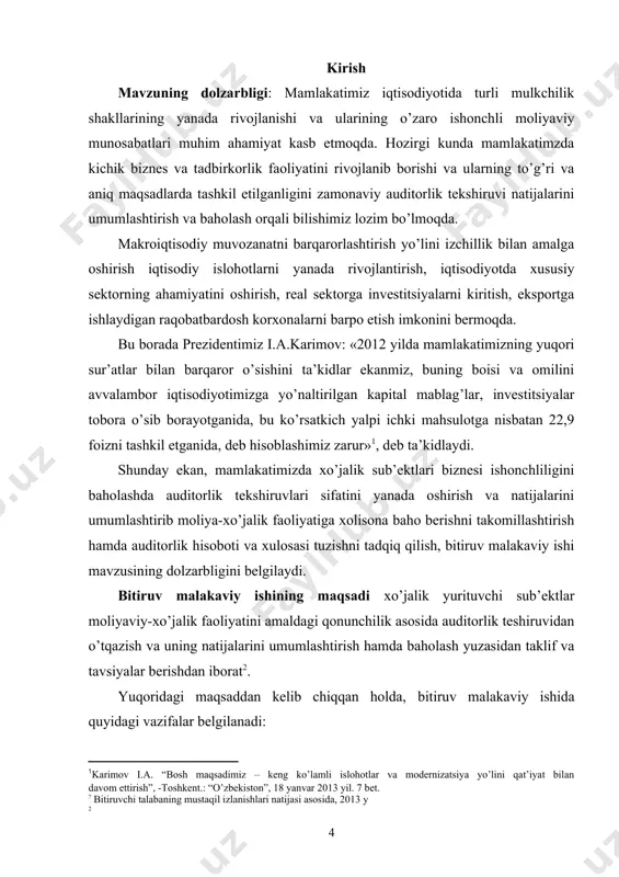 sasi o’rganish hamda uni tuzish tartibi yuzasidan ilmiy-amaliy tavsiyalar berish; · auditorlik tekshiruvlarida auditorlik hisoboti va xulosasini tuzish hamda uni taqdim etishni takomillashtirish yuzasidan ilmiy takliflar berish; · auditorlik tekshiruvi natijalari yuzasidan hisobot va xulosa bo’yicha javobgarlikni mustahkamlash bo’yicha ilmiy-amaliy takliflar berish; bitiruv malakaviy ishi ob’ekti va predmeti. bitiruv malakaviy ishining ob’ekti bo’lib, o’zbekiston respublikasi moliya vazirligi huzuridagi buxgalteriya hisobi va auditi uslubiyati boshqarmasi hamda auditorlik tashkilotlari ma’lumotlari hisoblanadi. bitiruv malakaviy ishining predmeti bo’lib, auditorlik tekshiruvi natijalarini baholash va umumlashtirishni hozirgi holatini tadqiq etish va uni takomillashtirish masalalari hisoblanadi. bitiruv malakaviy ishi tarkibining qisqacha tavsifi: 1-bobda iqtisodiyotni modernizatsiyalash sharoitida auditorlik tekshiruvi natijalarini baholash va umumlashtirishning nazariy asoslari hamda uning maqsad va vazifalari yoritib berilgan. 2-bobda milliy standartlar asosida auditorlik tekshiruvi natijalarini umumlashtirish va baholash tartibi, shuningdek auditorlik xisoboti va xulosasi tuzish tartibining xususiyatlari ochib berilgan. 3-bobda auditorlik tekshiruvi natijalarini baholash va umumlashtirishni takomillashtirish masalalari, shuningdek auditorlik hisoboti va xulosasi bo’yicha …