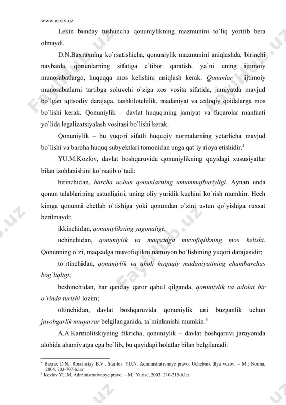 a turishi lozim; oltinchidan, davlat boshqaruvida qonuniylik uni buzganlik uchun javobgarlik muqarrar belgilanganida, ta`minlanishi mumkin. a.a.karmolitskiyning fikricha, qonuniylik – davlat boshqaruvi jarayonida alohida ahamiyatga ega bo`lib, bu quyidagi holatlar bilan belgilanadi: birinchidan, boshqaruv jarayonida davlat organlarining iqtisodiyot, ijtimoiy-madaniy va ma`muriy-siyosiy qurilishga rahbarlik qilish singari faoliyati amalga oshiriladi. qonuniylikka rioya qilish – mazkur tizim oldida turgan vazifa va funksiyalarning samarali amalga oshirilishini belgilab beruvchi asosiy vosita hisoblanadi; ikkinchidan, boshqaruv subyektlari o`zlarining funksiyalari va vakolatlarini amalga oshirish orqali huquqni qo`llash faoliyatini olib boradilar. bu boshqaruv qarorlarini ishlab chiqish va qabul qilish bilan bog`liqdir; uchinchidan, boshqaruv faoliyati ko`pgina subyektlar (ijro hokimiyati organlari, mansabdor shaxslar va boshqalar) tomonidan amalga oshiriladi. ular fuqarolar bilan, turli xildagi tashkilotlar bilan munosabatga kirishadi. aynan ularning qonunga rioya qilishi va o`zlariga yuklatilgan vazifa va funksiyalarni aniq va to`g`ri ijro etishi, jamiyat hayotiga o`z ta`sirini ko`rsatadi; to`rtinchidan, boshqaruv organlari jamiyat hayotining turli sohalarini qamrab oluvchi huquq ijodkorligi faoliyatini amalga oshiradilar. …