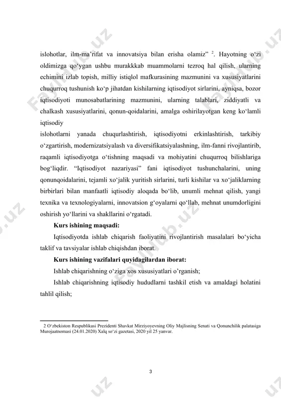chiqarish bilan hosil qilinadi. ishlab chiqarish mehnatga yaroqli bo’lgan ish kuchi bilan ishlab chiqarish vositalarini ko’tilishi va uni harakatga keltirilishi tufayli moddiy ne‘matlar hosil qilishdir. resurs - bu ishlab chiqarish va xizmat ko’rsatishga ishlatiladigan hamda qo’llaniladigan moddiy-ashyoviy bo’lib, tabiiy, moddiy, iqtisodiy, moliyaviy va hokazo kabi vositalardan tashkil topadi. inson faoliyati moddiy va nomoddiy ne‘matlar yaratishga qaratilar ekan, avvalo ishlab chiqarishni tashkil etmoq kerak. ishlab chiqarishni tashkil etish resurslarni talab qiladi. ular quyidagilardan iboratdir: 1. ishchi kuchi; 2. mehnat qurollari; 3. mehnat vositalari. ishchi kuchi - mehnatga qobiliyati bo’lgan har bir insonning ma‘lum maqsadlar yo’lidagi aqliy va jismoniy faoliyatining yig’indisidir. mehnat qurollari - bu inson mehnati yordamida mehnat predmetlariga ta‘sir qiladigan mexanizmlar (dastaklar)ga aytiladi. masalan: stanoklar, traktorlar, uskunalar, mashinalar, qurilmalar va hakozolar. mehnat predmetlari - mehnat ta‘siri natijasida tovar mahsuloti tayyorlanadigan barcha xom ashyolar massasidir. masalan, sanoatda ishlatiladigan xom ashyolar, qishloq xo’jaligidagi ishlab chiqarishda ishlatiladigan - urug’liklar, mineral o’g’itlar, yoqilg’ilar, materiallar, …