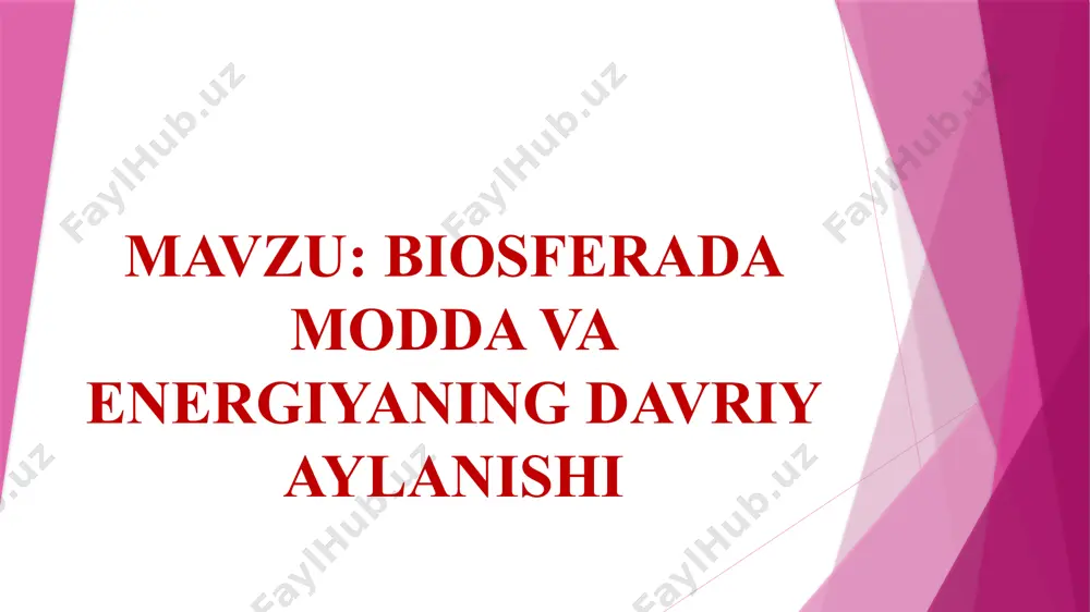tog’ jinslari esa suv ostida qoladi. okeanlar tubidagi to’plangan tog’ jinslari biologik davriy aylanish tirik moddaning paydo bo’lishi bilan geologic aylanish asosida organic moddalarning davriy aylanishi, ya’ni biologic davriy aylanish yuzaga keladi. tirik organizmlarning rivojlanishi natijasida geologik aylanishda ishtirok etuvchi elementlar hayotning asosi hisoblanadigan hamda to’xtovsiz davom etadigan biologik davriy aylanishga qo’shilib boradi. biosferaning rivojlanishi va undagi jarayonlarning sodir bo’lishi biogen elementlarning uzluksiz ravishda davriy aylanishi bilan bog’liq. tirik organizmlarning hayot faoliyati uchun ayrim elementlar ko’p, ayrim elementlar esa kam miqdorda zarur. shunga ko’ra biologik davriy aylanishda ishtirok etuvchi biogen elementlar makroelementlar va mikroelementlarga ajratiladi. tirik organizmlar hayot faoliyati uchun zarur elementlar biogen elemenlar deyiladi. biogen elementlarga c, h, o, n, s, p, ca, k, cl, fe, mg, cu, mn, zn, mo, br, b, i kabi elamentlar kiradi. bular orasidan eng muhimlari keltirilgan. moddalarning geologik davriy aylanishi moddalarning biologik davriy aylanishidan bir qancha xususiyatlari bilan farq qiladi: geologik davriy aylanishning …