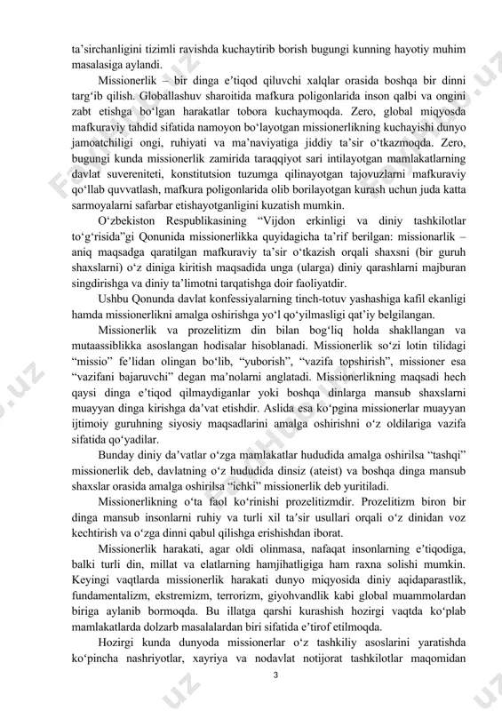 davlat hokimiyatini egallash maqsadiga qaratilgan jinoiy faoliyatdir. xalqaro terrorizm tushunchasi davlatlar, xalqaro tashkilotlar, siyosiy partiya va harakatlarni beqarorlashtirishga qaratilgan siyosiy qoʻporuvchilik faoliyatini ifodalaydi. u ogʻir jinoyatlardan boʻlib, uzoq davom etgan jarayonlarning hosilasi hisoblanadi. bugungi kunda terrorchilik uslublari ancha kengayganini taʼkidlash zarur. 1970­yillarda biror shaxs yoki siyosiy arbobga qarshi uyushtirilgan terror amaliyoti koʻproq uchragan boʻlsa, hozirda jamoat joylarida, samolyot, avtobus va poyezdlarda portlashlarni sodir etish orqali koʻplab tasodifiy kishilarning qurbon boʻlishiga olib keladigan qoʻporuvchilikni amalga oshirishga eʼtibor berilmoqda. ekspertlarning fikricha, bunday harakatlar birinchi navbatda jabrlanganlardan koʻra, uning guvohlariga qaratilgan boʻladi. hozirda o‘zbekiston bmtning terrorizmning oldini olish va unga qarshi kurashga qaratilgan asosiy 13 ta hujjatini ratifikatsiya qilgan. 2004-yildan beri toshkentda shhtning mintaqaviy aksilterror tuzilmasi faoliyat yuritmoqda. shuningdek, o‘zbekiston aqsh, rossiya, xitoy, markaziy osiyo davlatlari kabi qator mamlakatlar bilan xalqaro terrorizmga qarshi kurashda samarali hamkorlik qilib kelmoqda. o‘z navbatida, jamiyatimizda diniy ekstremizm va terrorizm mafkurasi tarqalishini oldini olishda profilaktik tushuntirish ishlarining saviyasi …