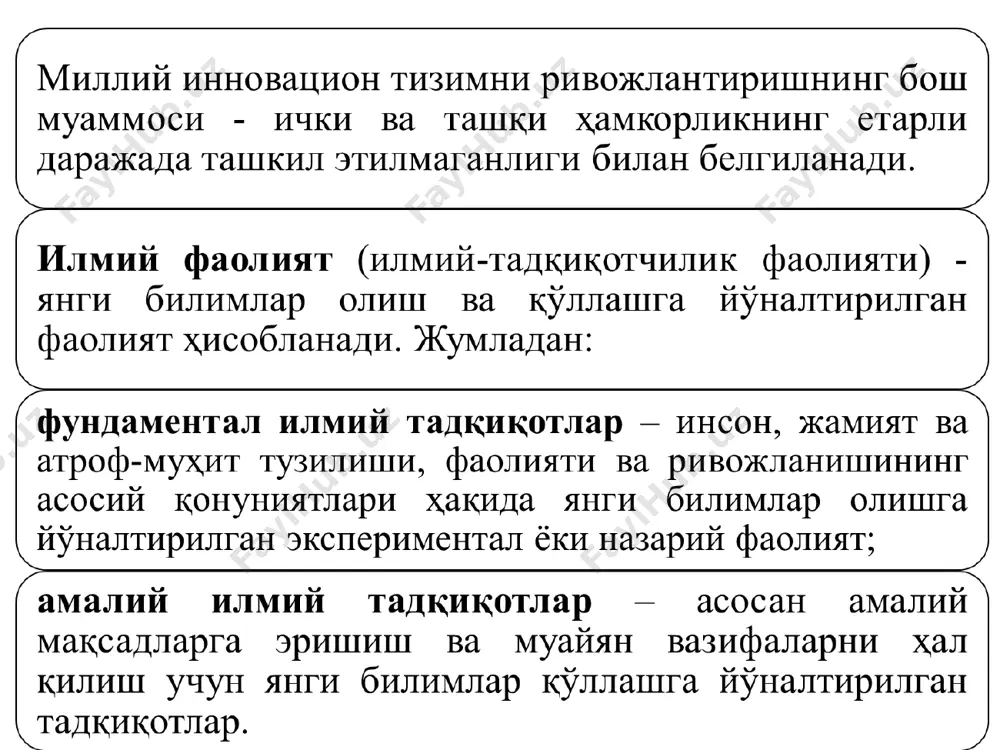 ллари 1. қулай инновацион муҳитни шакллантириш ва уни қўллаб-қувватлаш. 2. инновацион фаолиятнинг устувор йўналишларни аниқлаш 3. инновацион фаолиятнинг истеъмолчига йўналганлиги. 4. инновацияларни яратиш ва татбиқ этиш муддатларини максимал равишда қисқартириш. инновацион менежернинг асосий вазифаси – компания фаолиятида хавфлар даражасини пасайтириш ва ходимлар учун қулай иш муҳитини яратишдан иборат. * асосий жиҳатлар: * *
